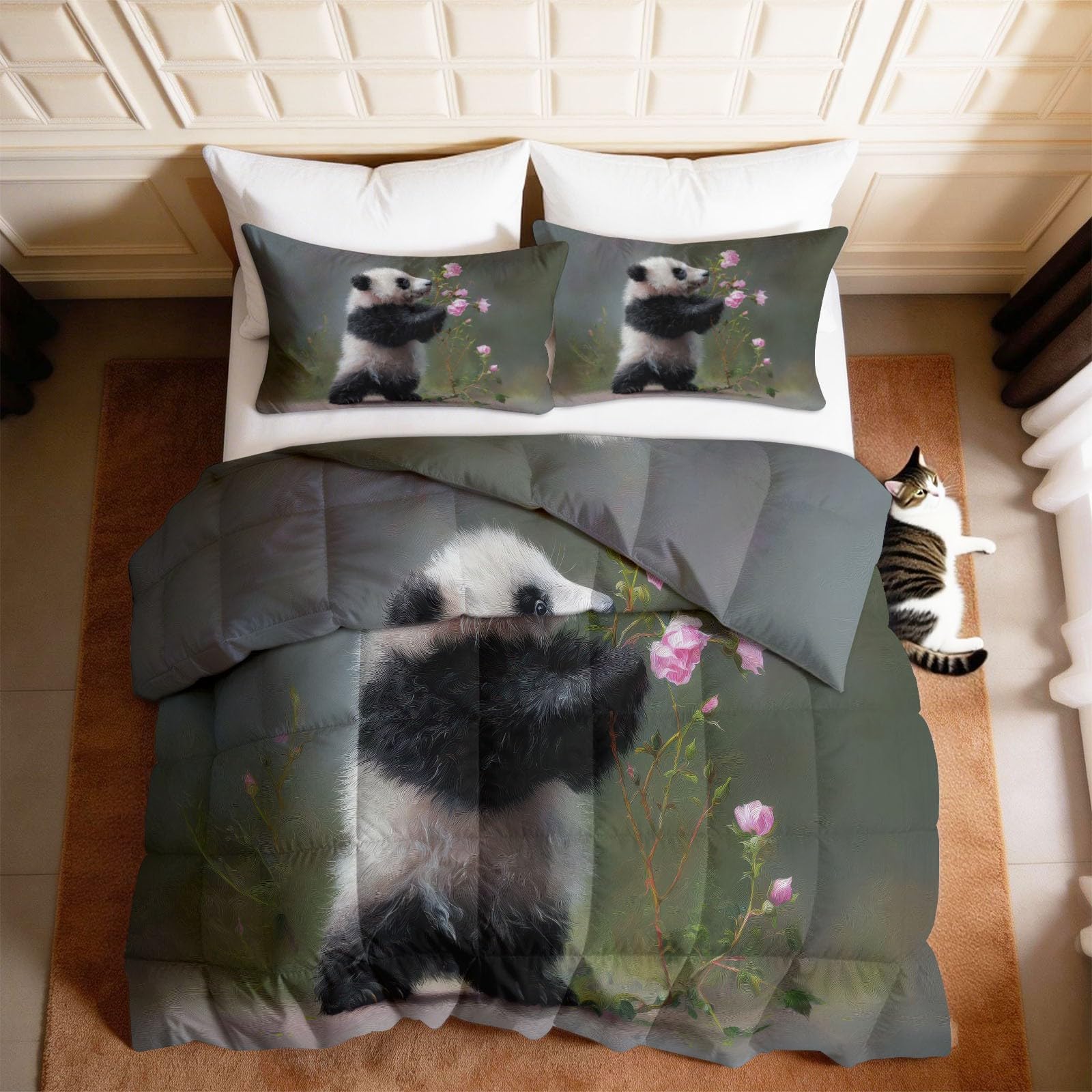 Kołdra z kreskówek zwierzęcych 4 pory roku 240 x 260 cm, ciepła kołdra, lekka kołdra dla nastolatków i dorosłych, Panda Kwiaty Piwonie Rośliny Gałązki Liście Kołdra bez poszwy i 2 poszewki na poduszki