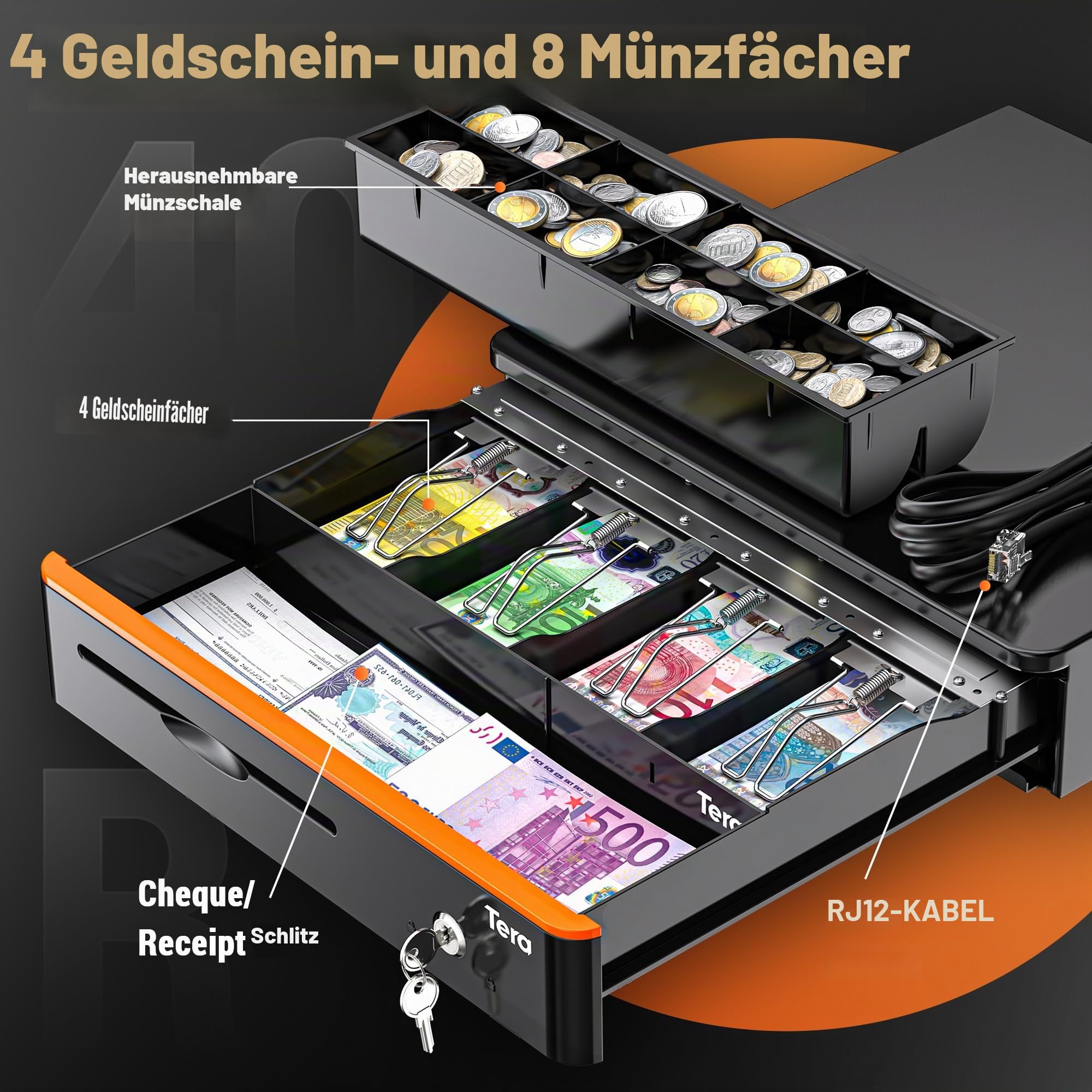 Tera Geldkassette Kassenlade Abschließbar 40,5x40x10,2 cm 4 Scheinfächer 8 Münzfächer RJ12 Mikroschalter Modell 405R