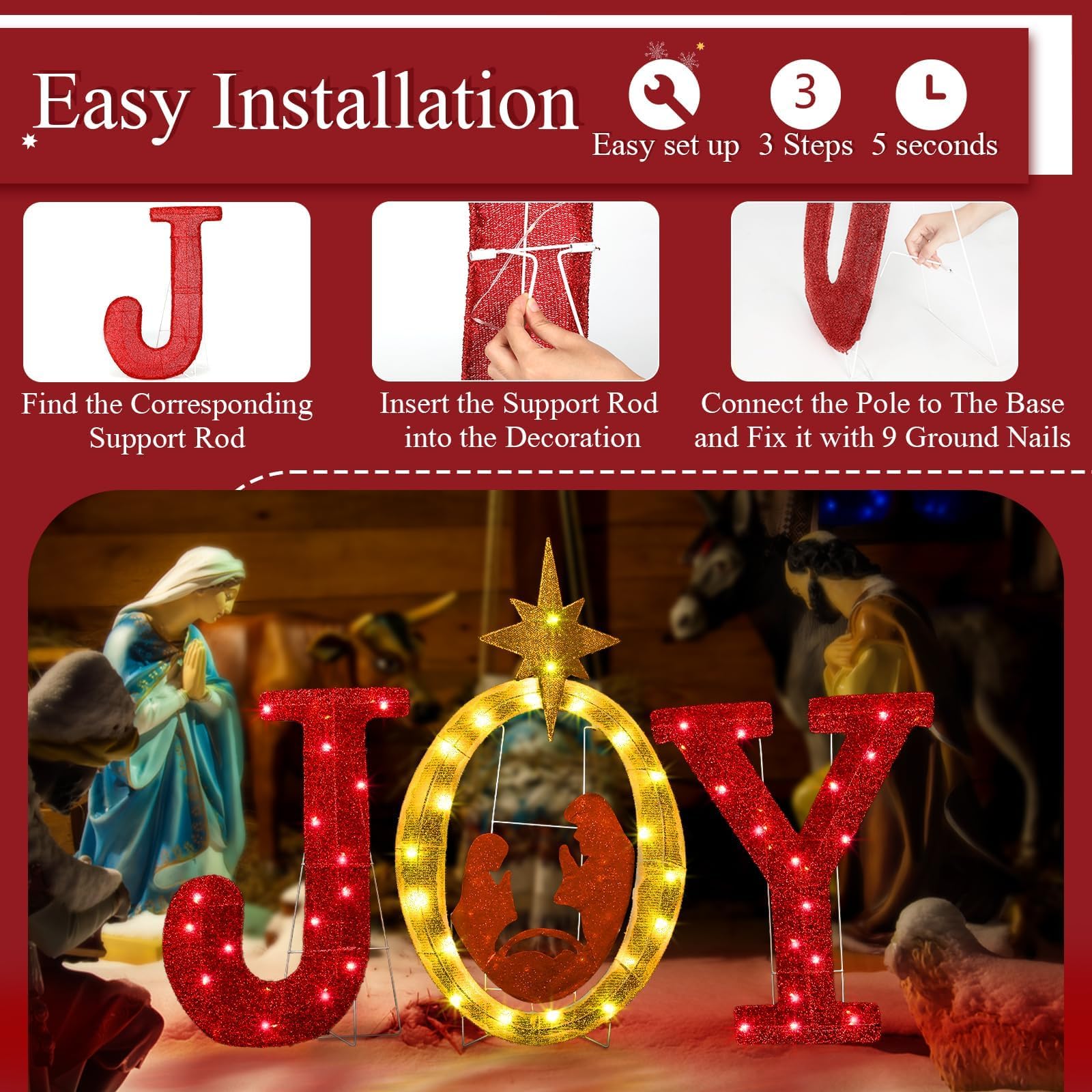 3 decorazioni natalizie da 80 cm per esterni con 80 luci a LED, cartello illuminato per presepe per Natale, esterni, interni, giardino, prato, decorazione per le vacanze