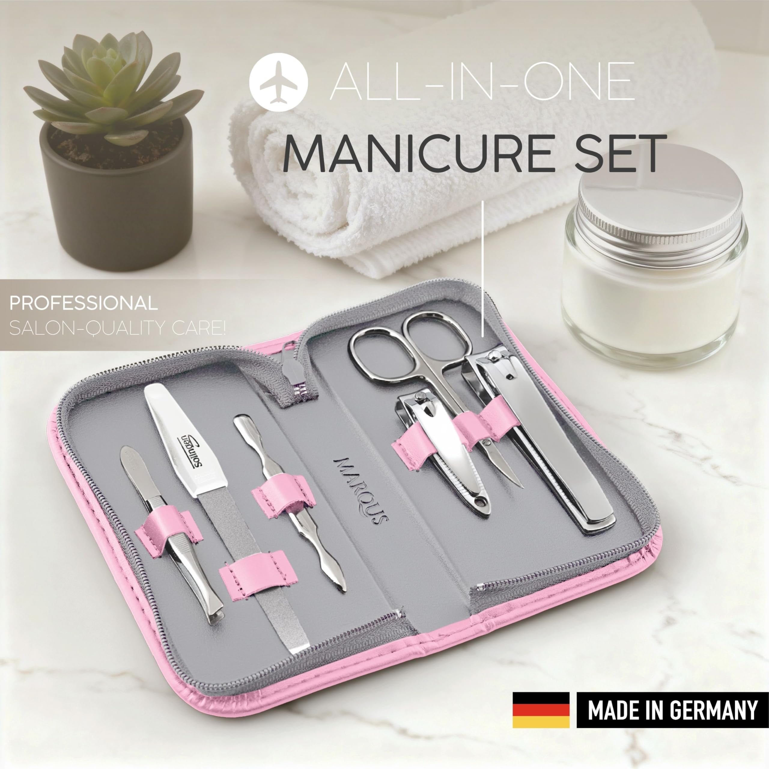 Solingen Set per Manicure da Uomo e Donna – Kit Professionale da 6 Pezzi. Include Forbicine e strumenti per Mani e Piedi con Custodia da Viaggio. Ideale per una cura precisa ed elegante delle Unghie