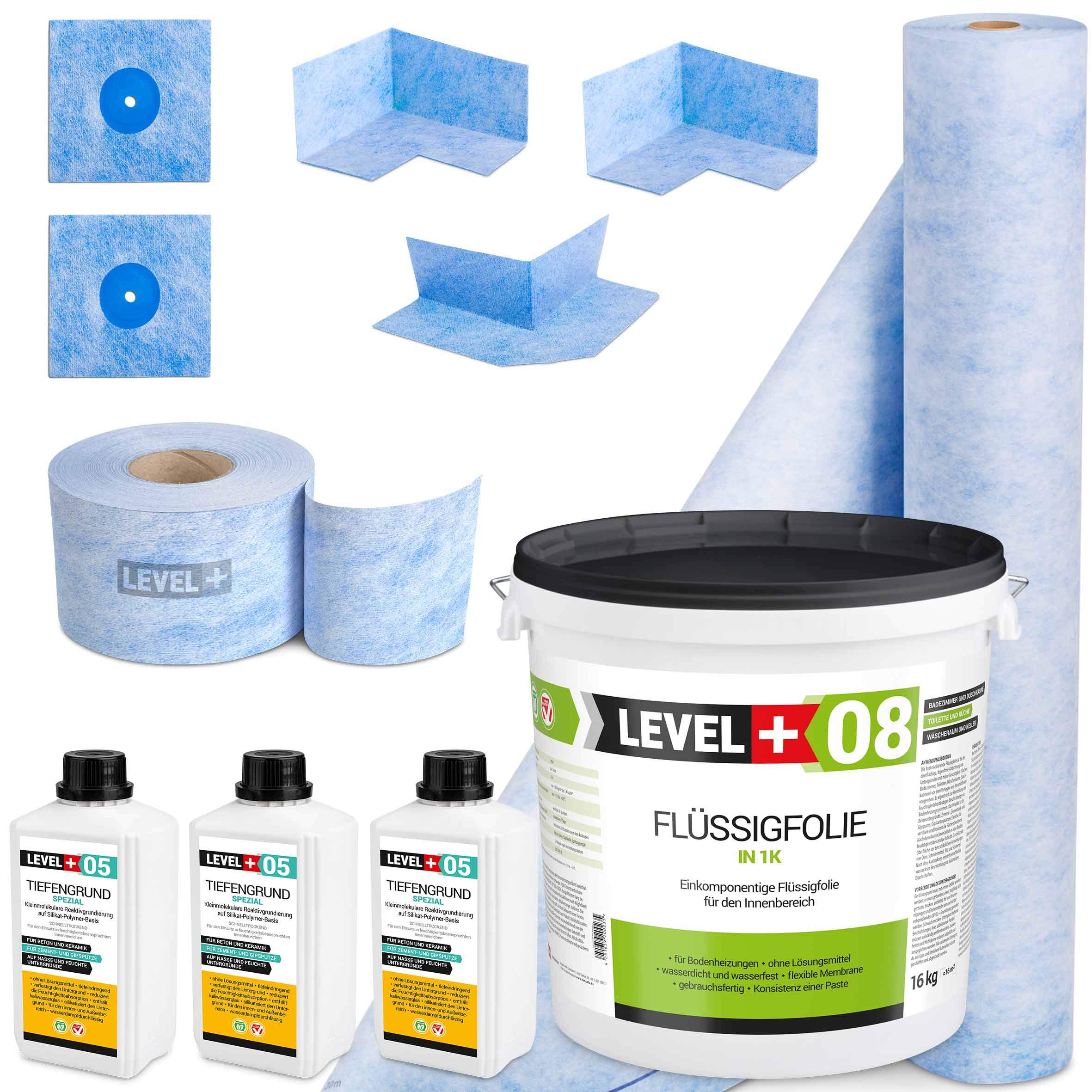 Set de sellado de ducha para baño 16 kg, lámina líquida, 2 esquinas interiores, 1 esquina exterior, 2 manguitos de pared, cinta de sellado de 15 m, 2 m de cinta selladora 3L, fondo profundo SET44