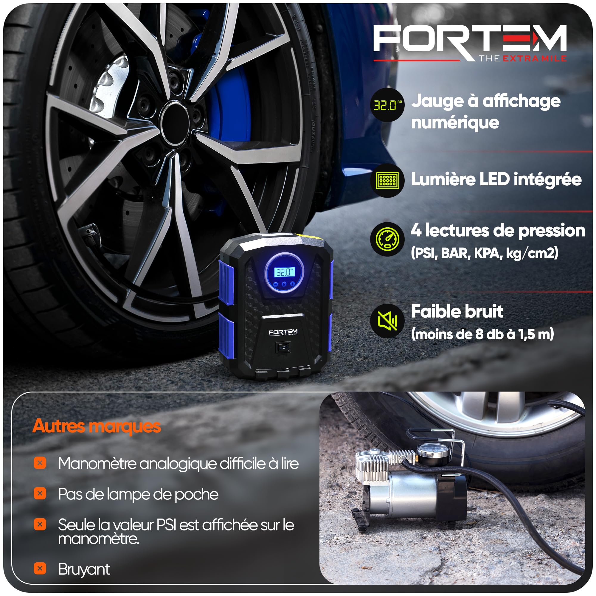 FORTEM Gonfleur pneus voiture - Compresseur 12V - Compresseur à air portatif automatique (150 PSI) - Gonfleur pneu voiture avec éclairage LED - Compresseurs d'air Portatifs - Moto & Vélo