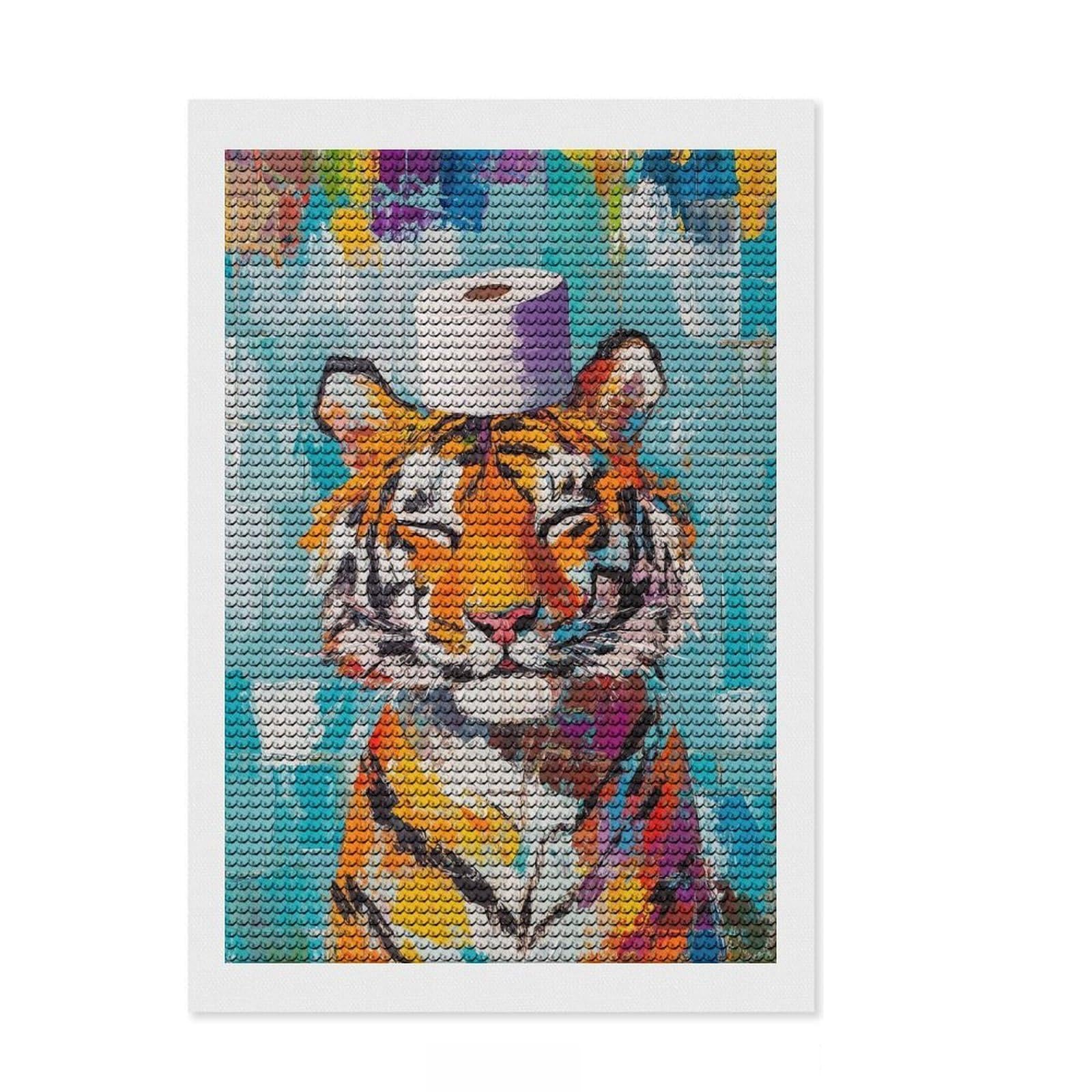 Junmoney Tiger with Toilet Paper Hat Diamond Art Canvas 8"x12", for Women, Sparkling Round Gems, Gift Idea, Boho Decor, Satisfying Creative Project