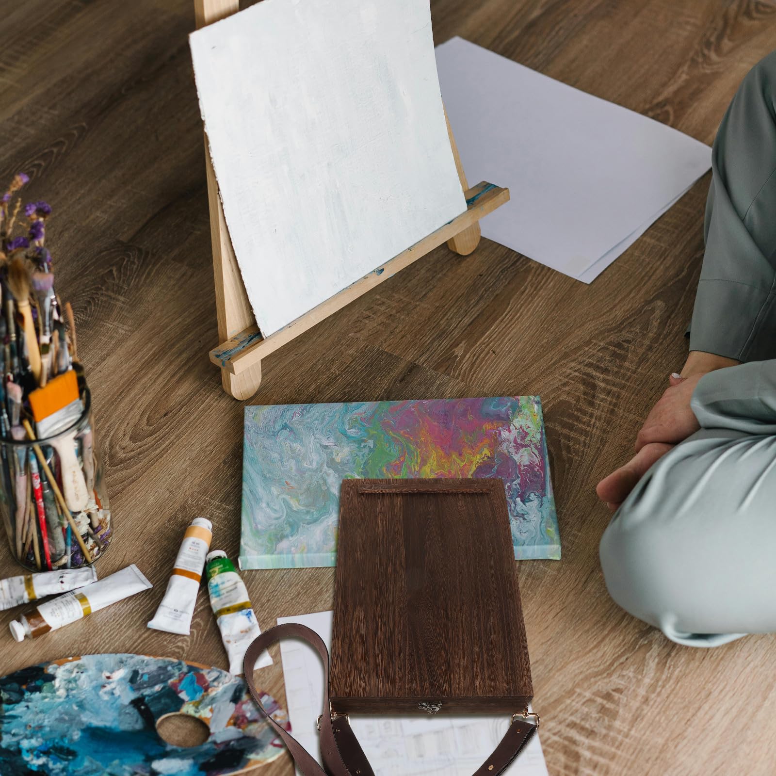 Scatola in Legno con Design Portatile e Facile da Trasportare per Artisti Portaoggetti e Organizzazione di Cancelleria per Pittura All'aperto