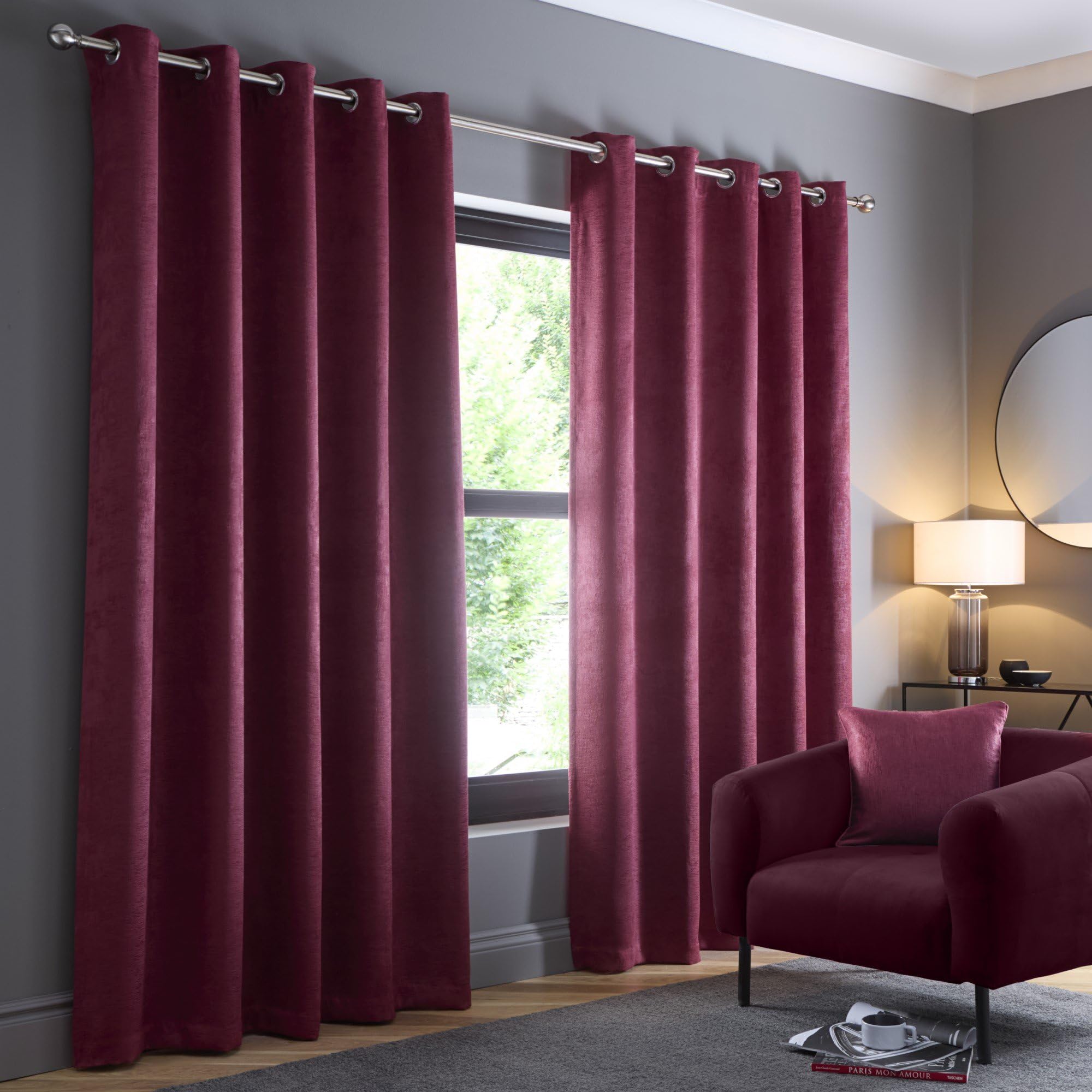 Fusion Wine Red Pencil Pleat Curtains W90 X L72 (229X183cm) – 2 Panels – 100% Cotton Thermal & Soundproof Drapes For Bedroom/Living Room – Red Door Curtains – Strata Collection