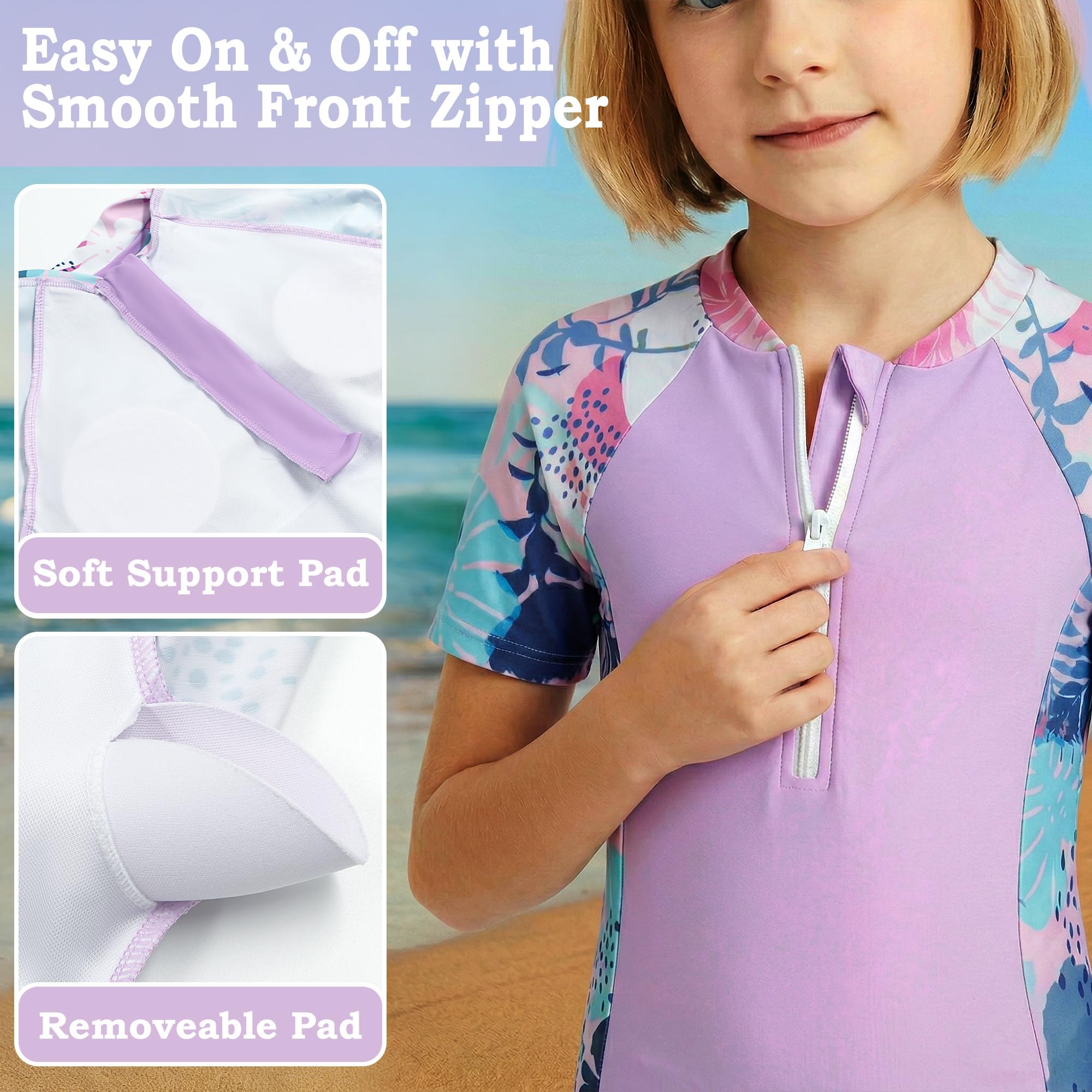 Niñas Traje de Baño 2 Piezas Manga Corta Protección Solar, Secado Rápido Estampado Top con Cremallera y Shorts, Elástico Rash Guard Playa Piscina Bañador Ropa para 5-14 Años