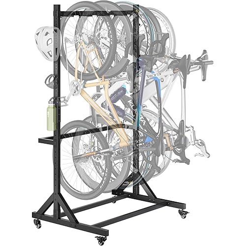 monTEK Freestanding Bike Storage Rack for 5 Bikes, Heavy Duty 350LBS Vertical Bike Stand with 5 Bike Hooks & 6 Helmet Hooks, Indoor and Outdoor Bike Storage Rack with Locking Casters