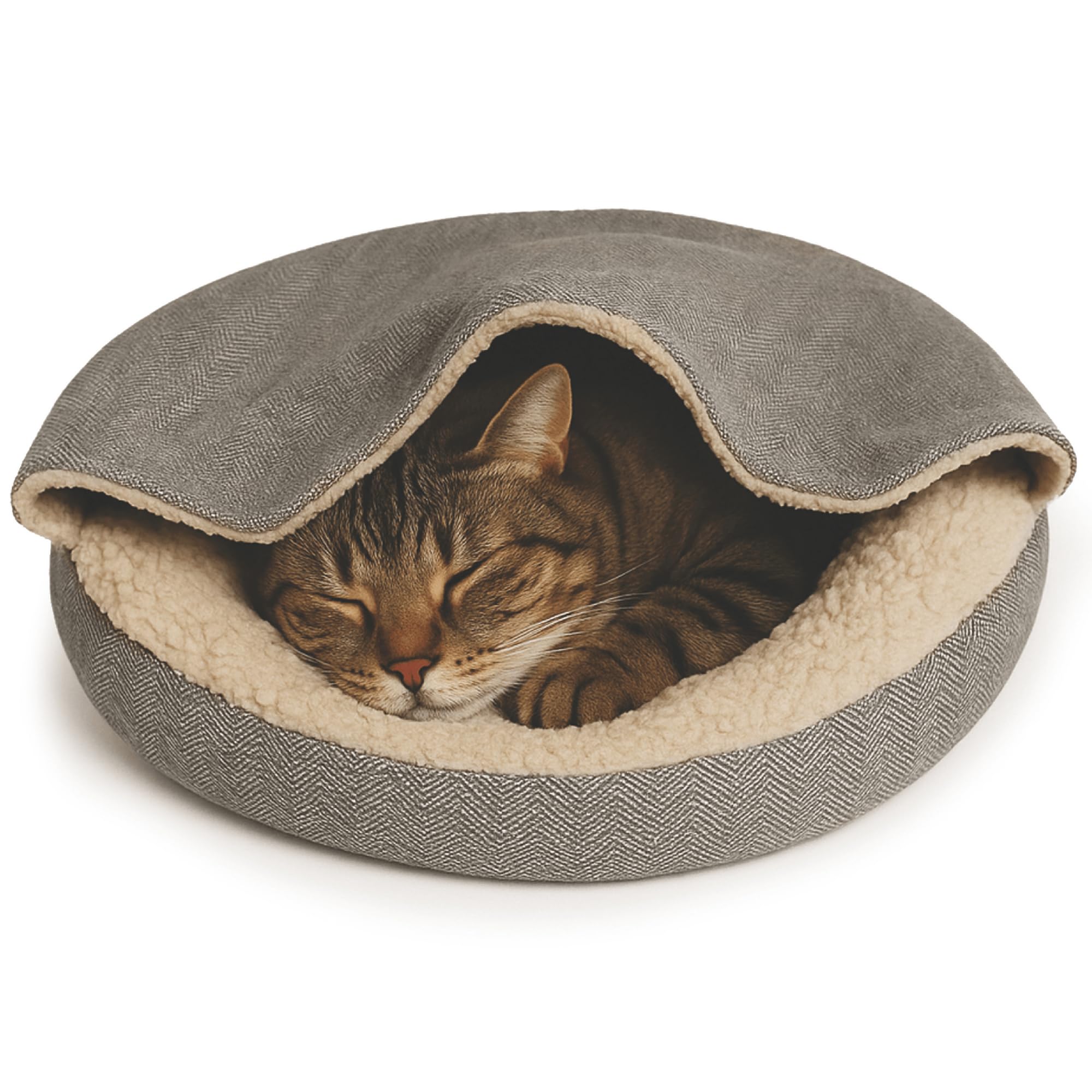 Dream Paws Cat Bed, Snug Calming Hideaway with Hooded Blanket, Herringbone Cat Cave Igloo House for Indoor Cats, Warm Anxiety Fleece Kitten Bed, Washable Non Slip Pet Bed for Small Dogs, Grey, 58x58cm