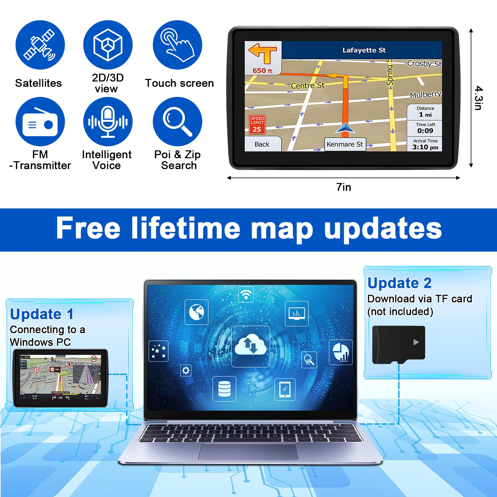 Sat Nav for Car/Truck/HGV - 7 Inch GPS Navigation UK 2025 with Lifetime Free Maps Updates, Real Voice Guidance, Speed Camera Alerts, Postcode Search & Lane Assist — view 3