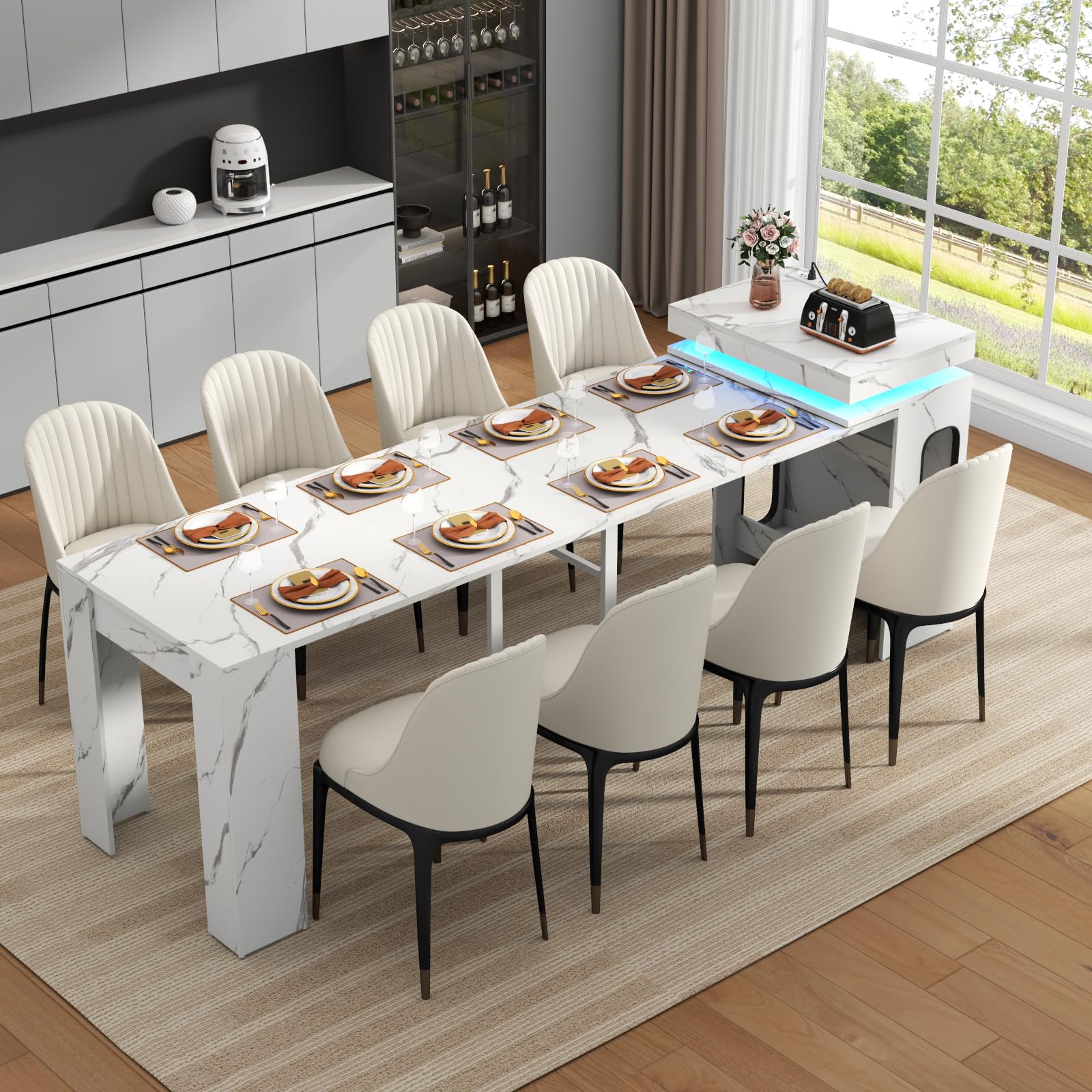 Extendable Dining Table with Charging Station LED Lights 19 7 to 98 4 White Faux Marble Dining Table