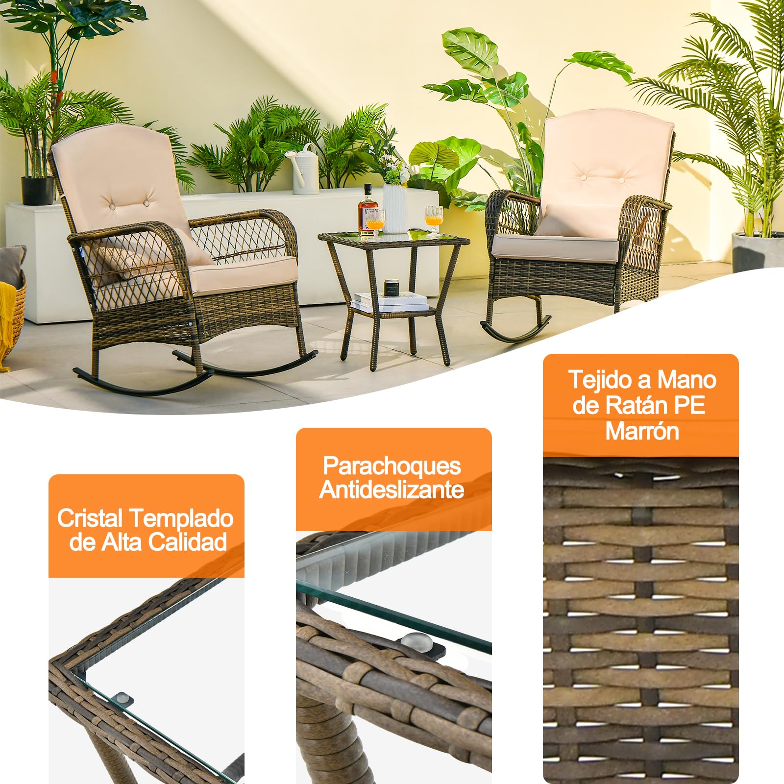 GIANTEX Juego de Muebles de Ratán 3 Piezas, Cojunto de Mecedoras para Jardín, 1 Mesa de Café y 2 Mecedoras, con Cojines, Juego de Mesa y Silla para Jardín, Terraza y Patio