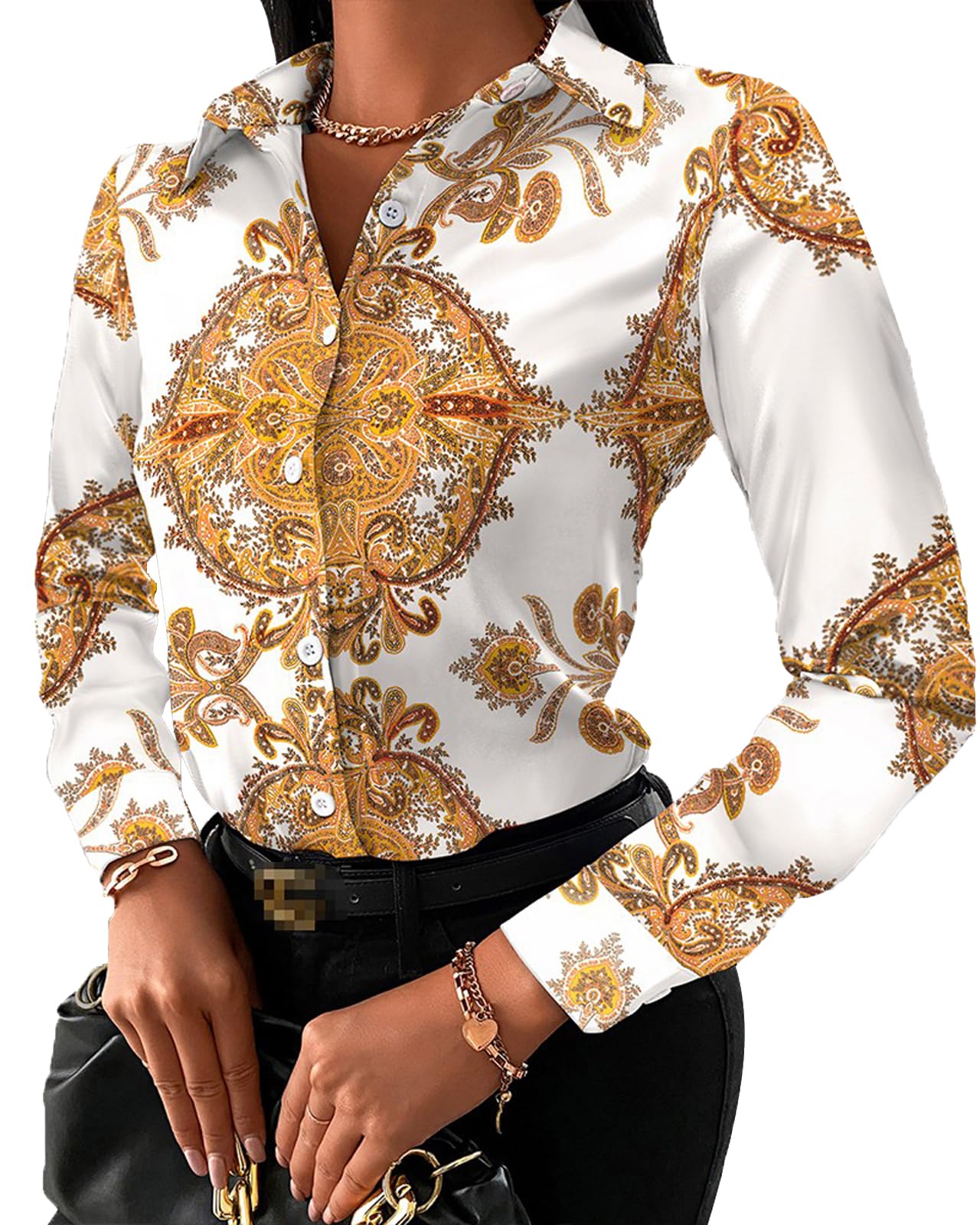 Buchona Blouses for Women Long Sleeve Floral Print Blouses & Button-Down Shirts Loose Collar Sexy Tops