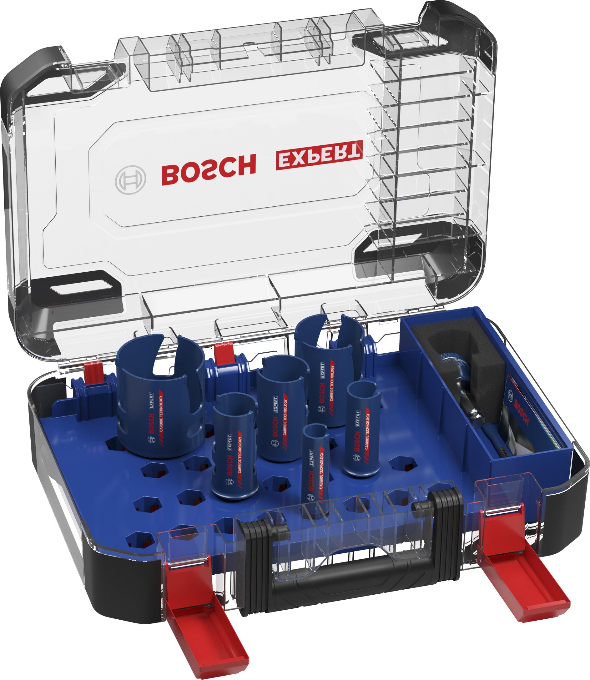 Bosch 10x Zestaw uniwersalnych otwornic EXPERT Construction Material PC Plus (do Miękkie drewno, Płyta wiórowa, Ø 20, 25, 32, 38, 51, 64 mm, Professional Akcesoria Wiertarki)