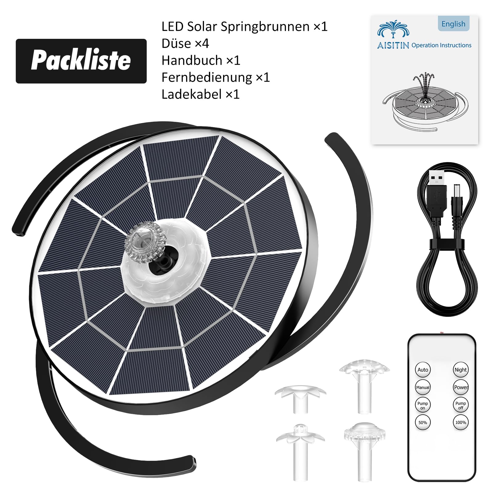 AISITIN 6.5W LED Solar Springbrunnen für Außen mit Fernbedienung, Solar Schwimmender Fontäne Pumpe mit 4 Sprüh Effekten,mit Akku und Gebührenpflichtig,Solarbrunnen für Draussen für Garten,Vogelbad