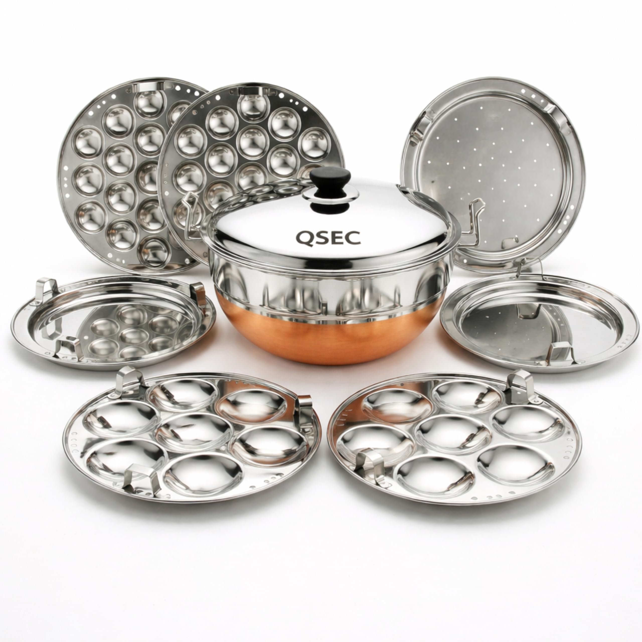 QSEC Stainless Steel Multi Kadai, 5 Litre, 7 Plate, Idli, Dhokla, Momo Steamer, Round, Copper Base, Polished