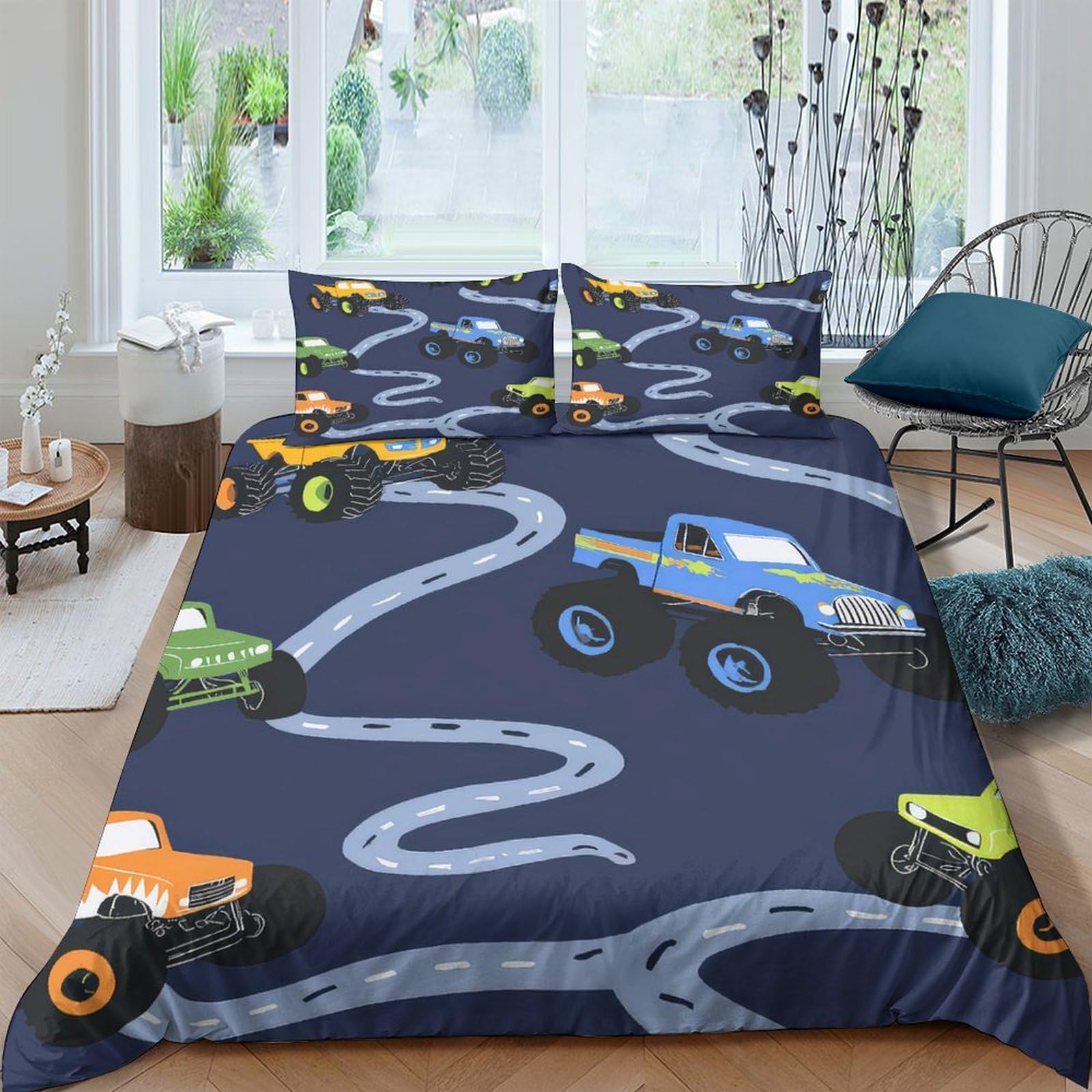 GPLZQXKJNH 3D Printed Monster Truck Duvet Cover Microfiber Bedding Set Off-Road Race Track Quilt Cover with 2 Pillowcases for Bedroom Decor Single（135x200cm）