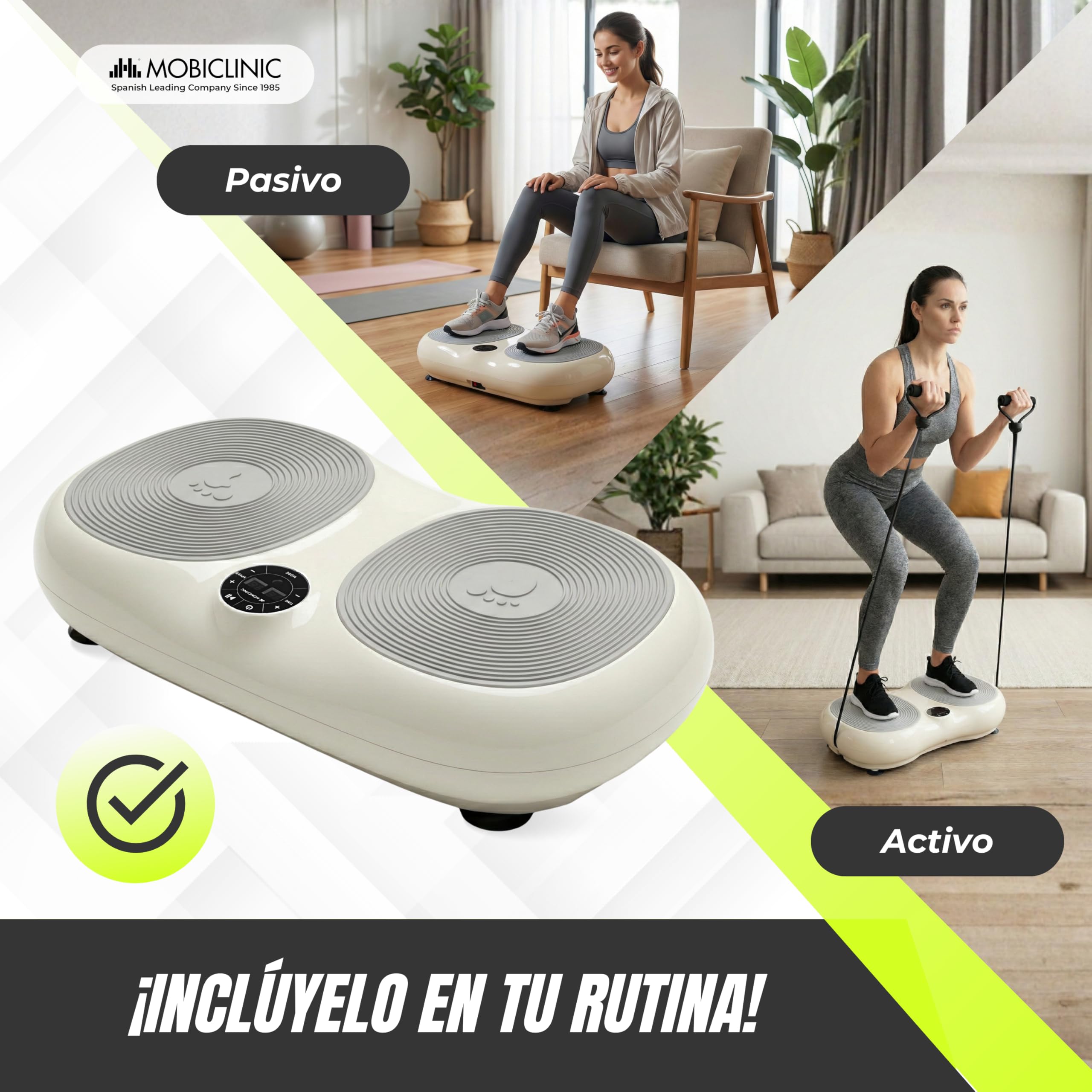 Mobiclinic®, Plataforma Vibratoria, 99 Niveles, 9 Programas de Entrenamiento, Bandas Elásticas y Mando, 200W, Tonificación y Entrenamiento Cuerpo Completo, Ideal para casa, hasta 150 kg, Karol