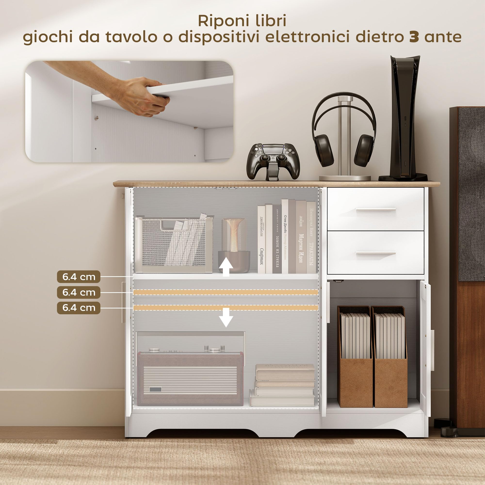 HOMCOM Credenza Cucina, Mobile Cucina con 2 Cassetti e 2 Armadietti, Credenza Buffet con Ripiani Regolabili, 3 Ante, Stile Moderno, per Soggiorno, Sala da Pranzo, 100x40x78 cm, Bianco e Color Legno