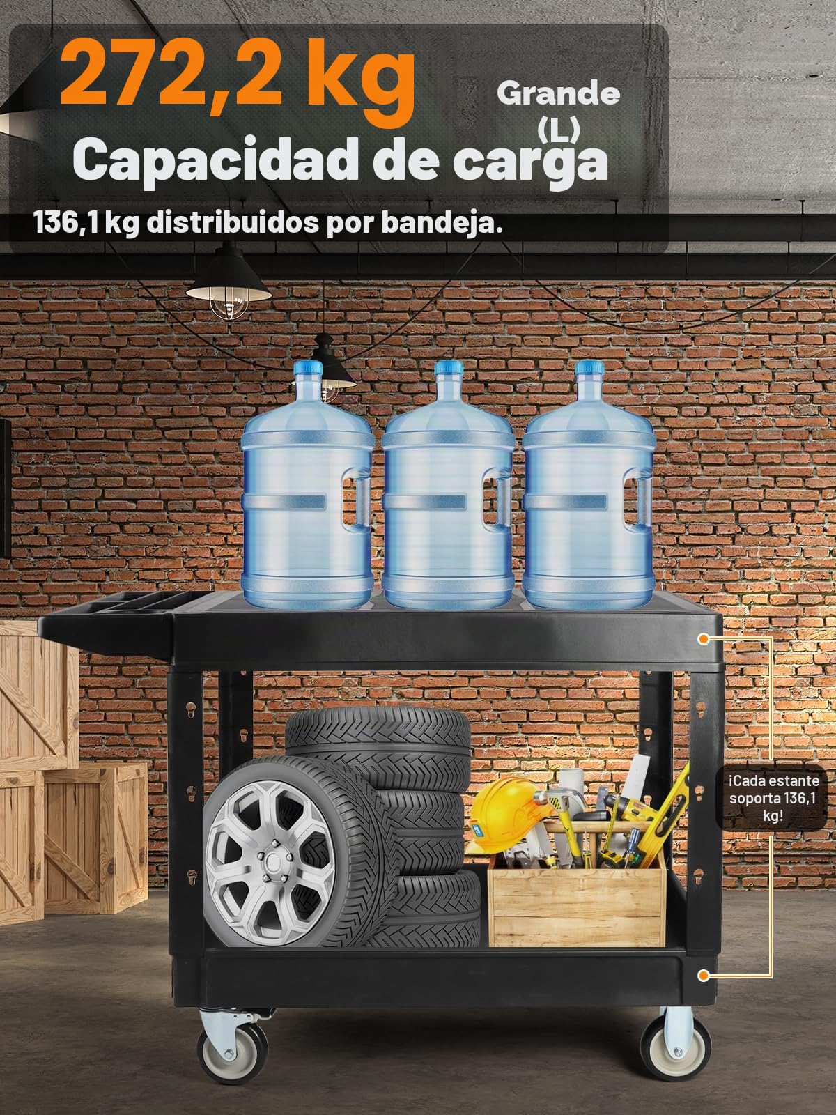600 libras Carro Utilitario Sobre Ruedas, Kalolary Carro Rodante Capacidad Adicional 2 Niveles Carro Servicio Grande Multiusos con Asa Organizador Almacenamiento Negro Carro Herramientas Móvil Almacén