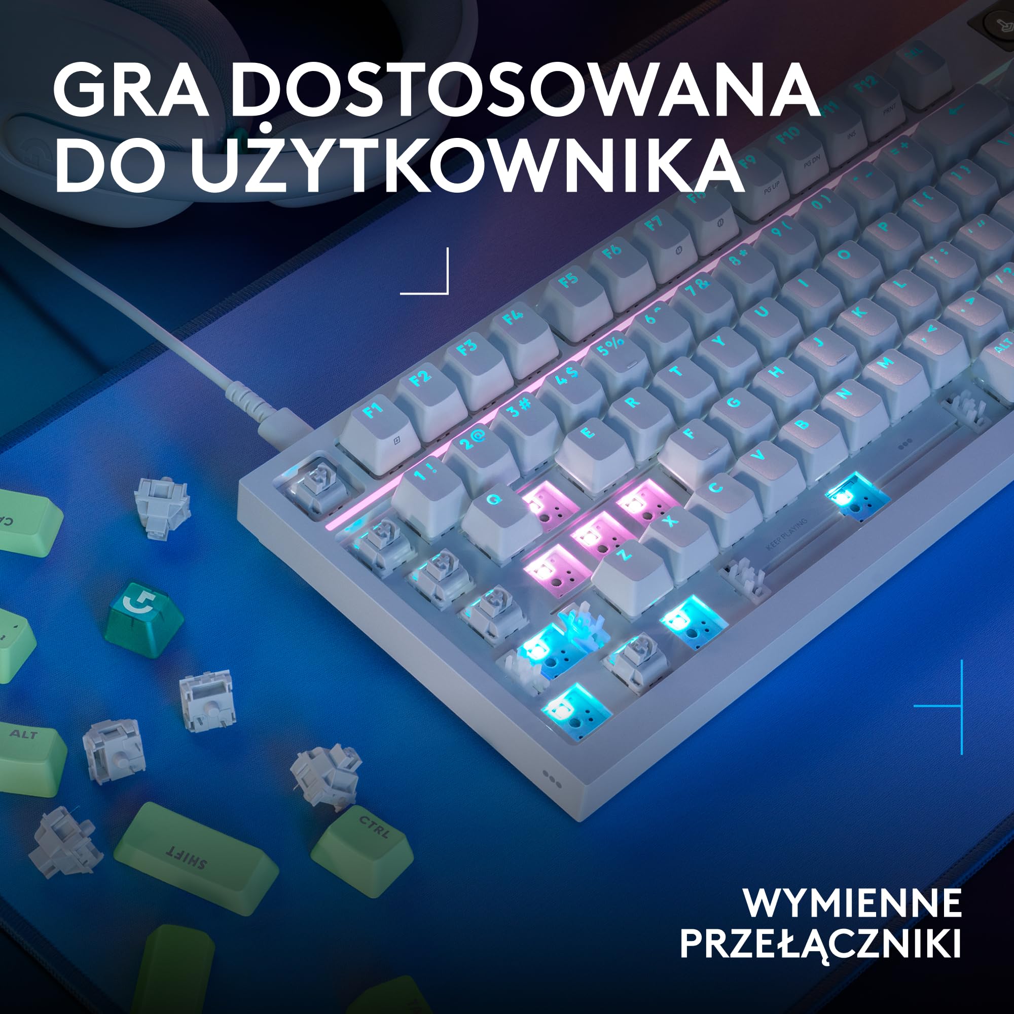 Logitech G G316 X 98, klawiatura do gier,8 kHz,wymienne sprężynujące przełączniki,konstrukcja uszczelkowa, US INT'L QWERTY+G305 X SUPERLIGHT bezprzewodowa mysz gamingowa,lekka 61 g ładowalna, PC-Biały