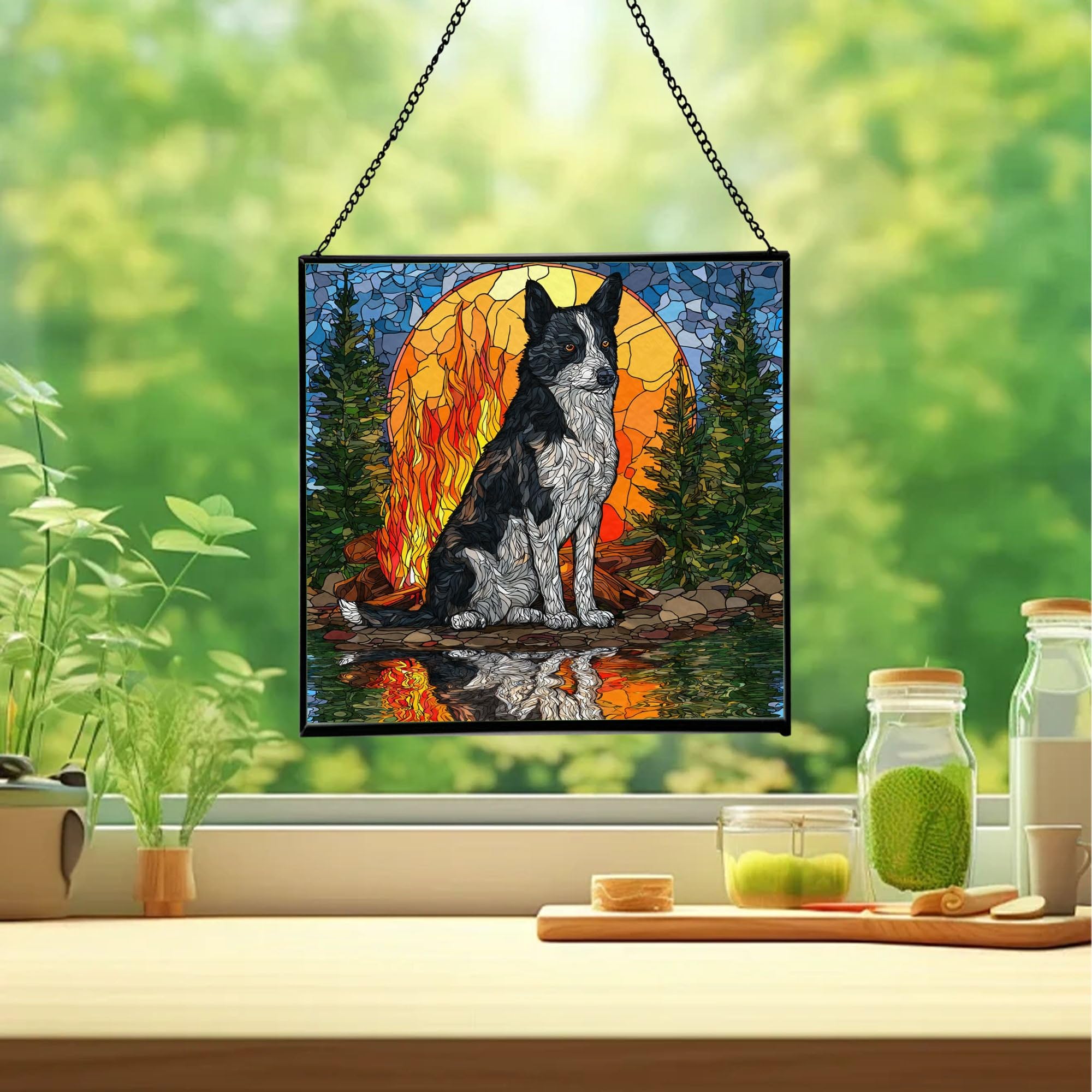 Karelian Bear Dog Christmas Stained Glass Suncatcher – Square Hanging Holiday Window Panel with Cozy Fireplace Scene – Winter Glass Art Decoration Gift for Animal Lovers, Pet Owners JhWN7j