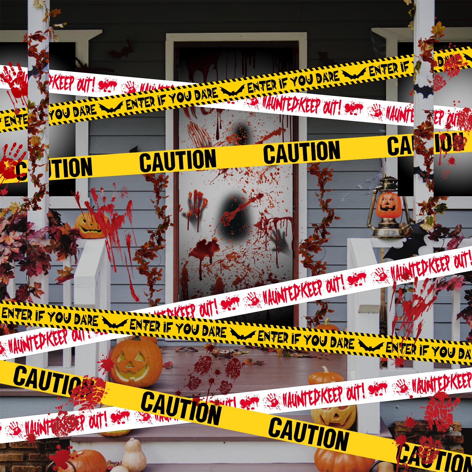 Halloween Decorations Outdoor Caution Tape, 27M Crime Scene Tape, Halloween Decs with Blood Print Stickers, for Halloween Party, Gardens, Schools, Offices, Homes Decoration Haunted House Decor