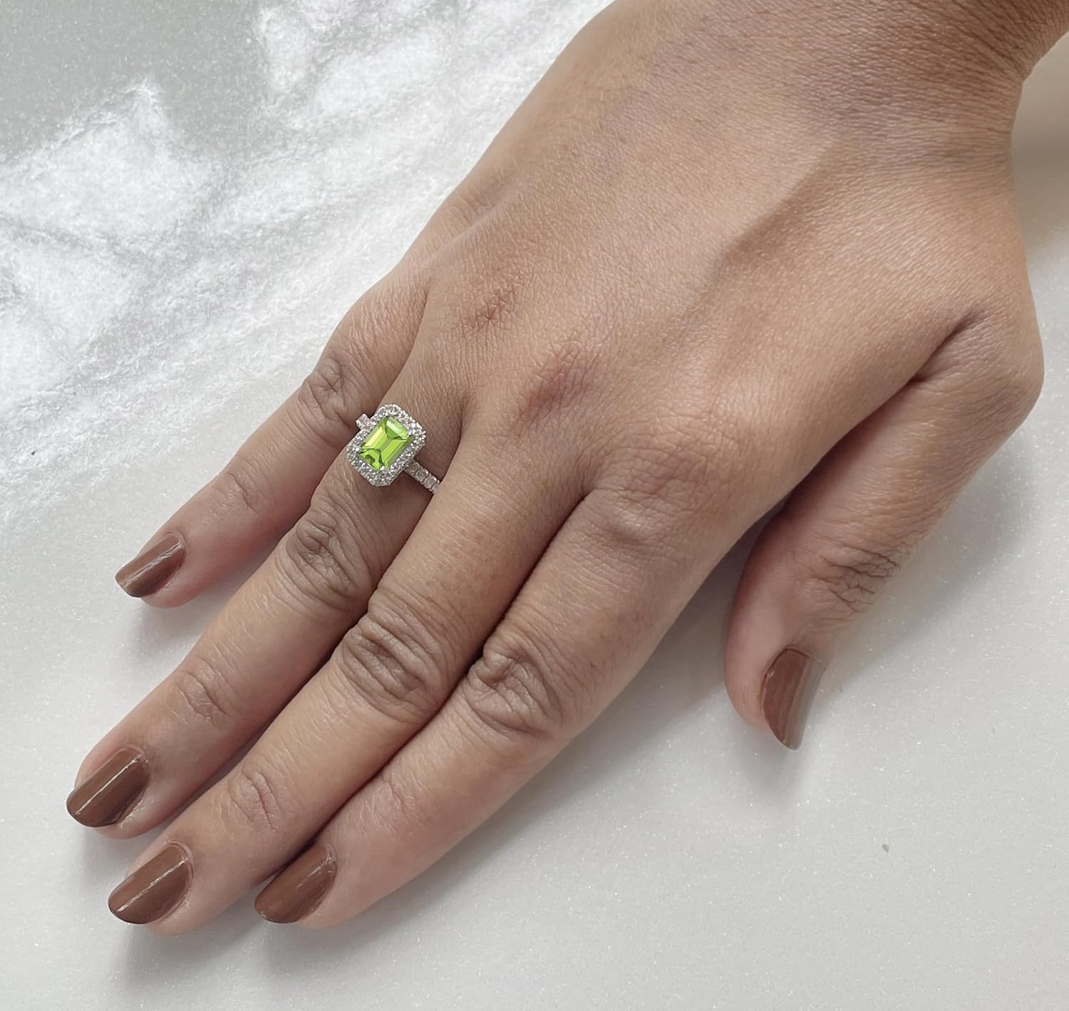 1 Ct. Emerald Cut Green Peridot & White Diamond Halo Engagement Ring For Women, 14K Gold Plated 925 Silver August Birthstone Peridot Bridal Halo Style Side Stone Ring