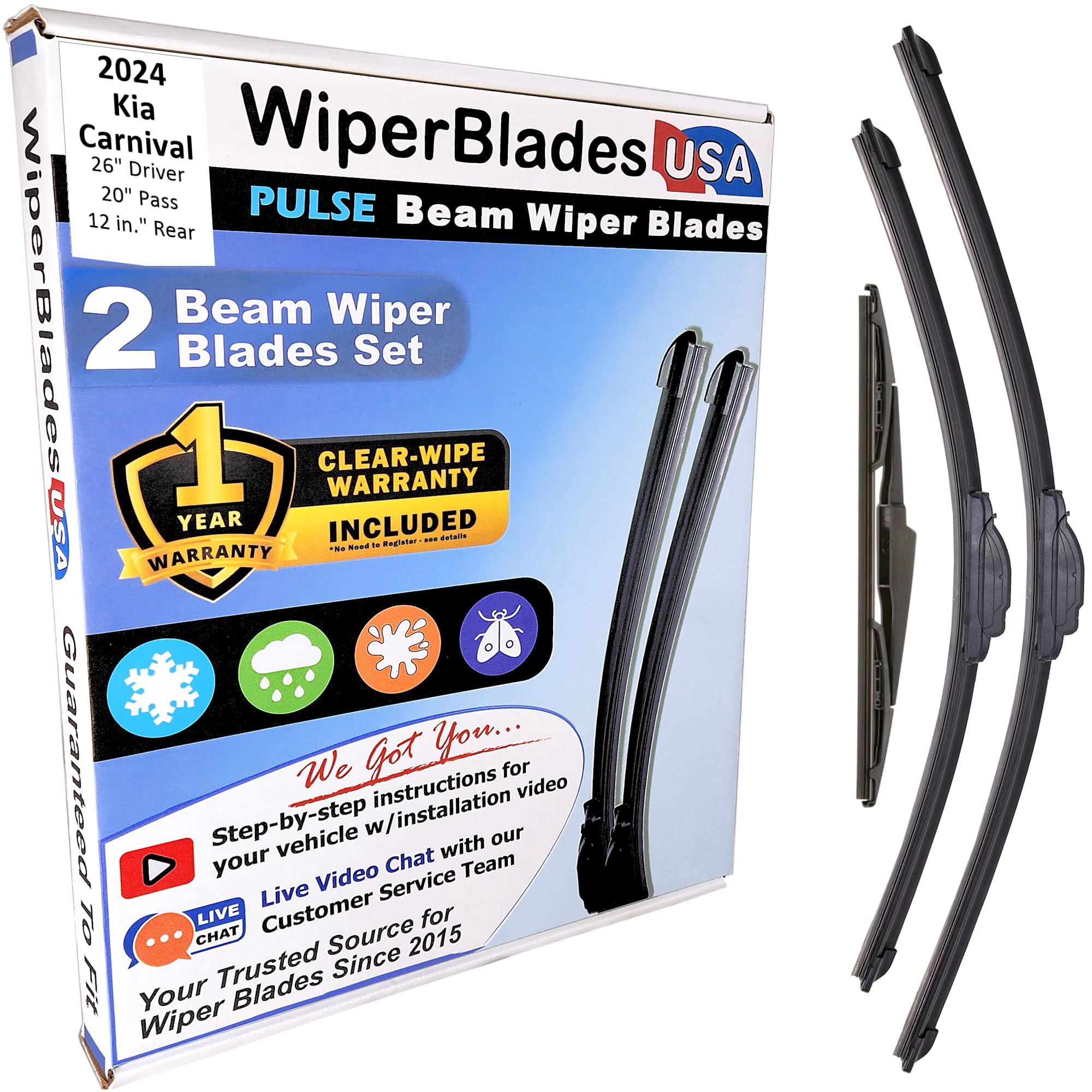 Wiper Blades for 2024 Kia Carnival Wipers w/1yr Warranty (Set of 3) w/Rear Wiper