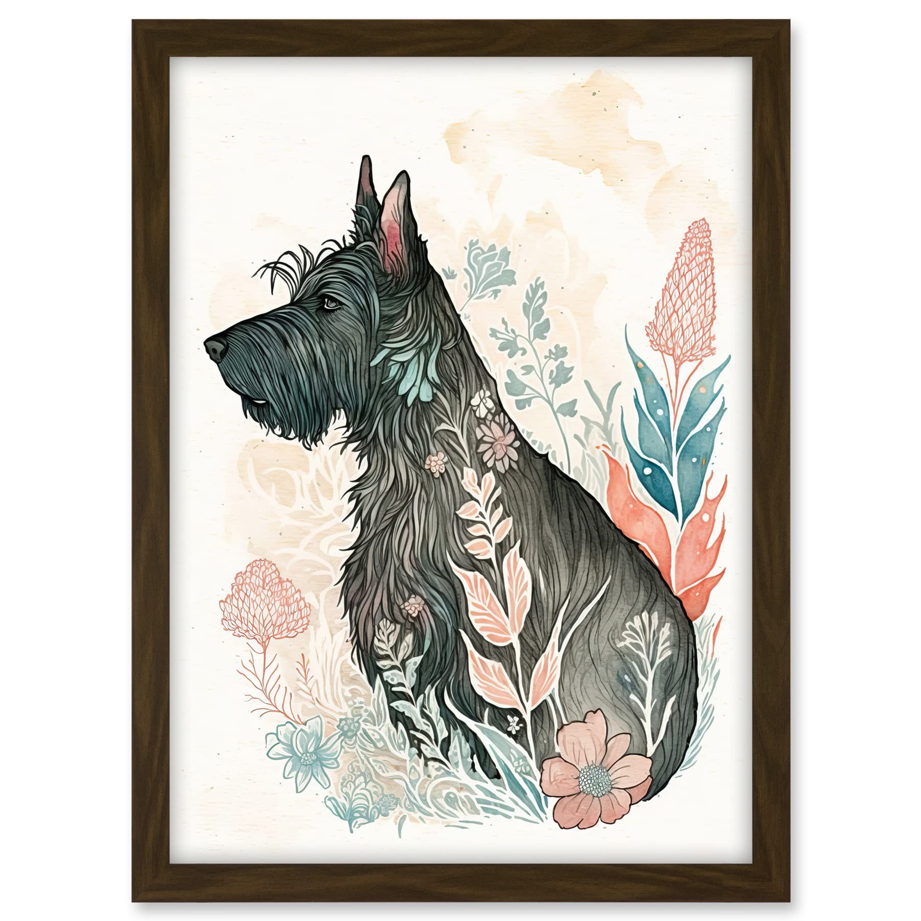 Artery8 Scottish Terrier Dog in Flower Field Bright Modern Multicoloured Watercolour Illustration Artwork Framed A3 Wall Art Print
