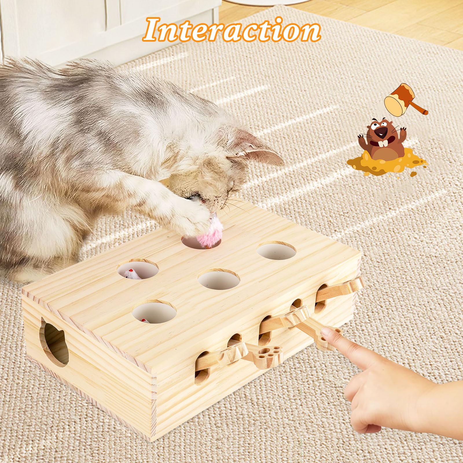 Interaktives Katzenspielzeug Holz Spielzeug, Maulwurf Maus, Puzzle Box mit Spielzeugen für Katzen, Jagd, Spielen, Trainieren Kratzen 5 Löcher perfekt für Indoor-Übung und Spaß (Holzfarbe)