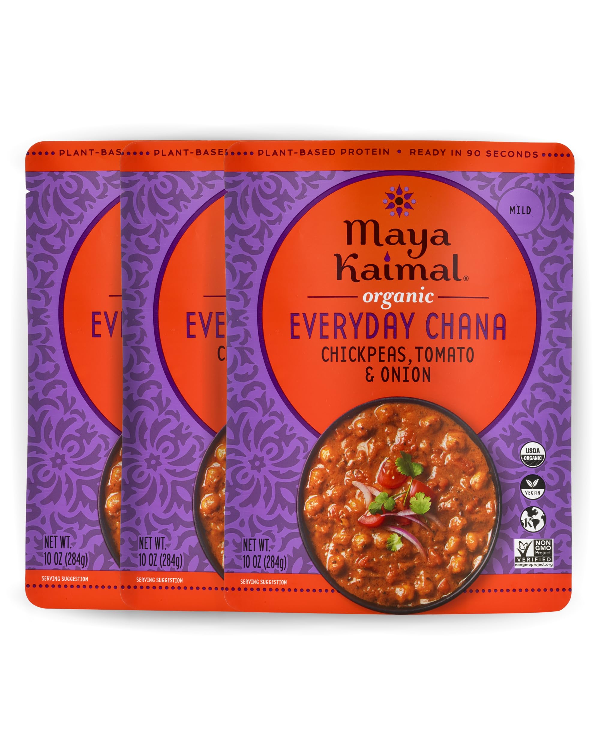 Maya Kaimal Organic Indian Everyday Chana - Fully Cooked - Vegan - Microwavable - Ready to Eat Meals (10 Ounce (Pack of 3), Chickpeas, Tomato & Onion)