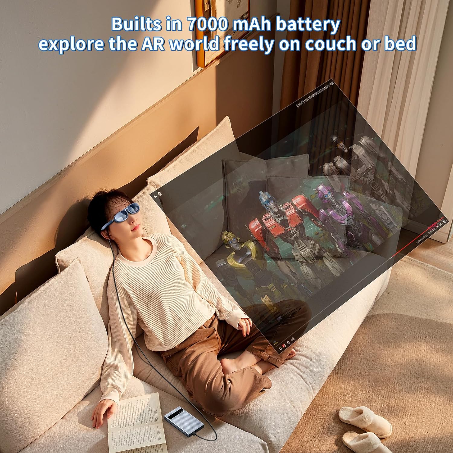Person using AR glasses with PeakDo Wireless HDMI while relaxing on a couch