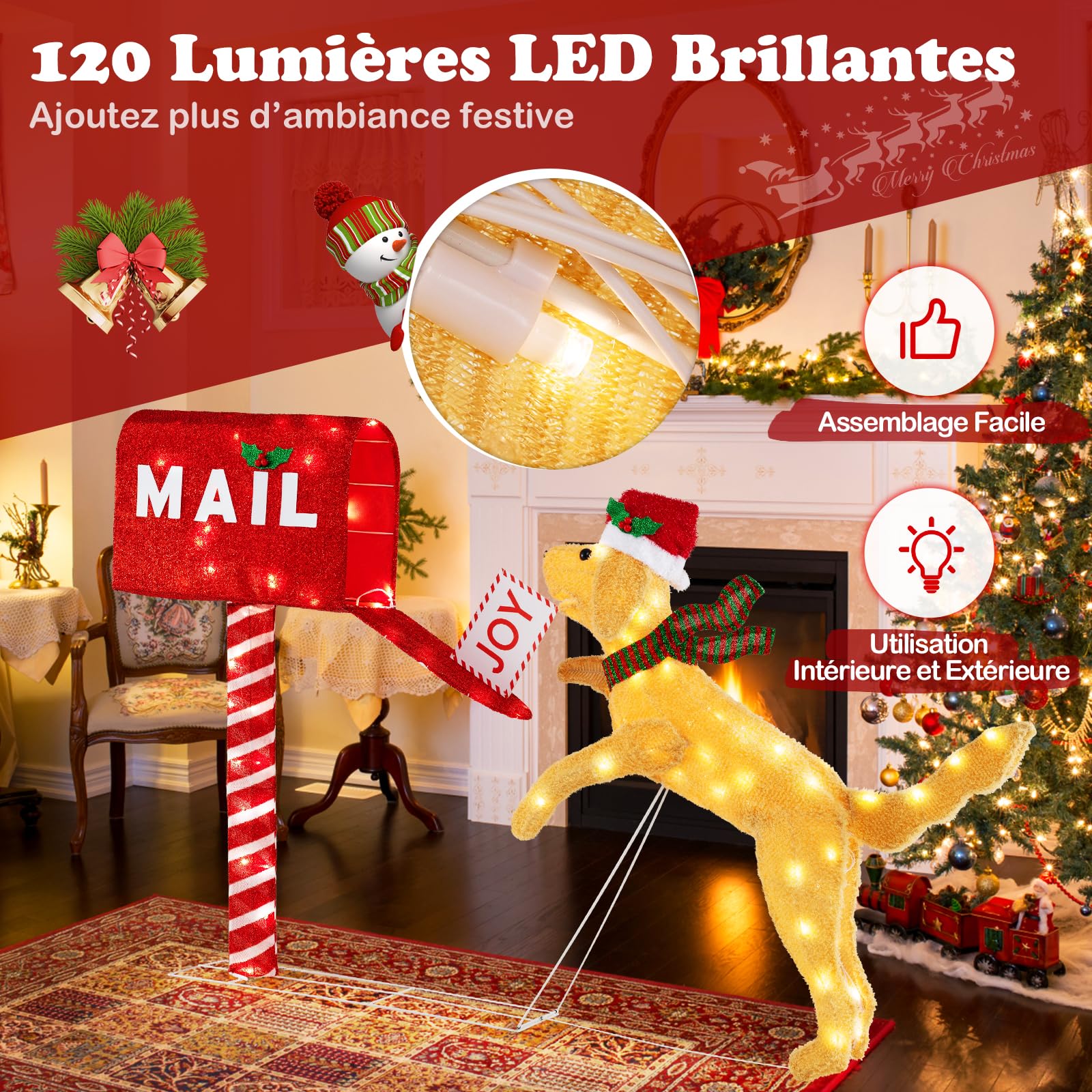 COSTWAY Boîte aux Lettres de Noël et Chien de 108 CM, Décoration de Noël Illuminée avec 120 LED Blanc Chaud, Résistante aux Intempéries avec Attaches et Piquets pour Extérieur