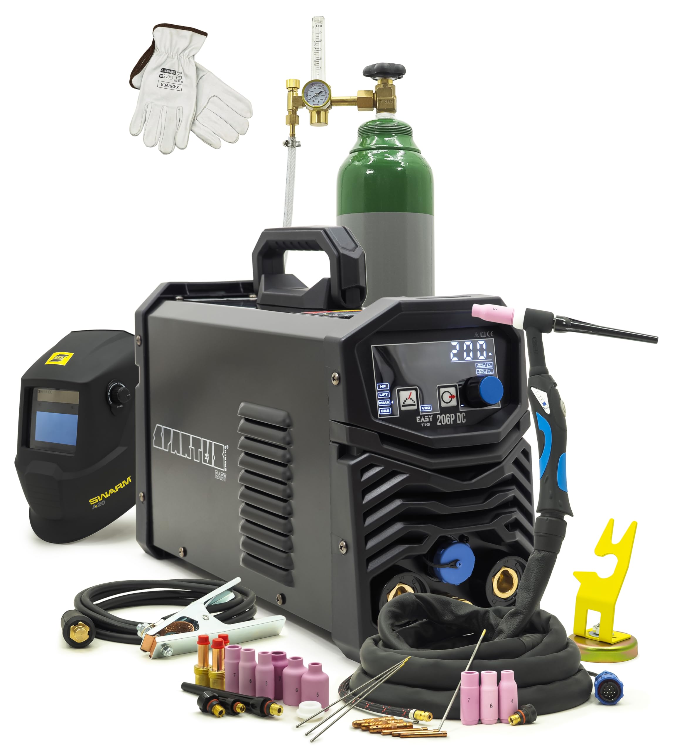 Spartus EasyTIG 206P DC TIG saldatrice Set XXL – 200 A Inverter Saldatrice con funzione di impulso & Cold Weld – Saldatrice professionale a gas di protezione completa – Bestsalden.de