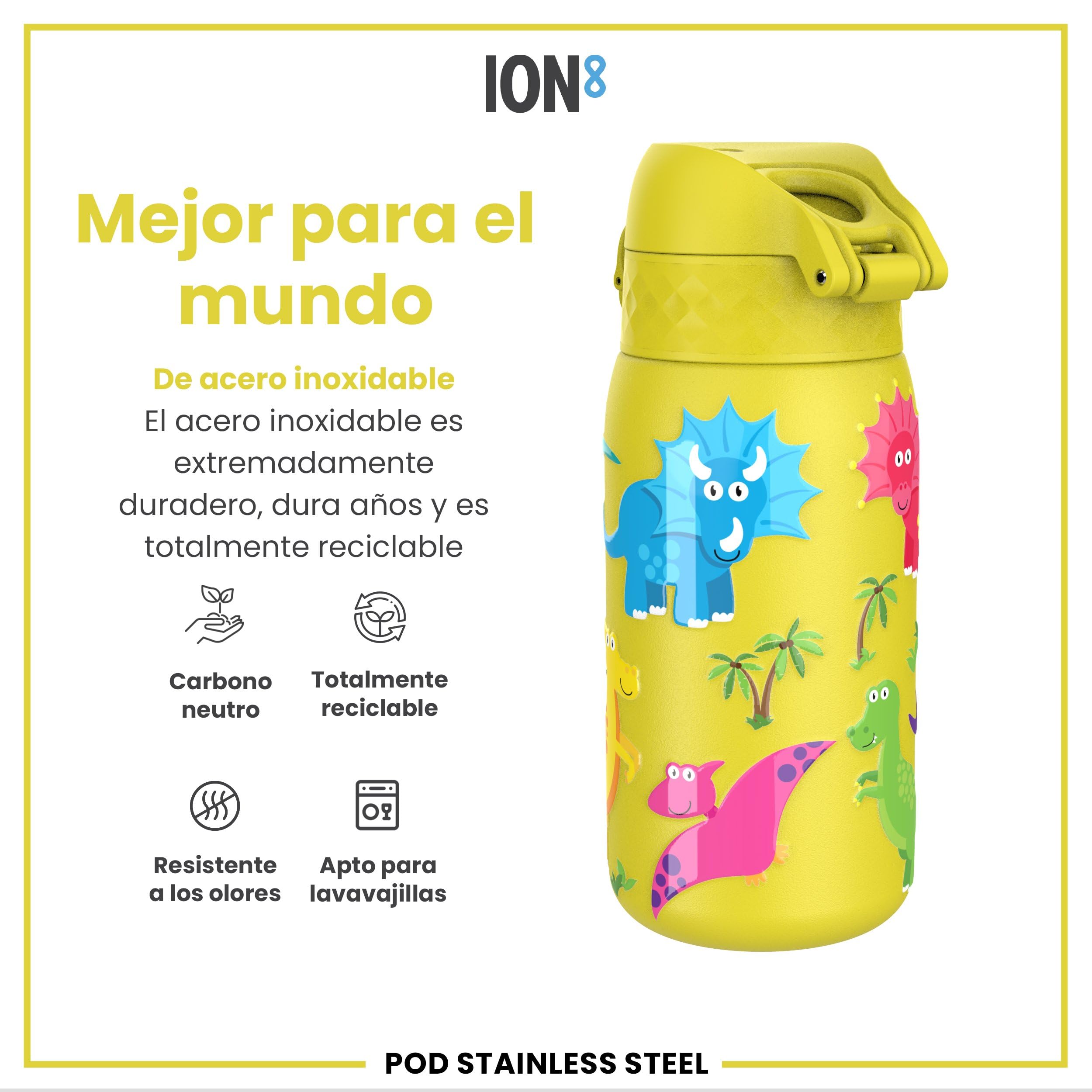 ion8 Botella Agua Inox Ligero para Niños, 400ml, Sin Aislamiento, a Prueba de Fugas, Fácil de Abrir, Cerradura Segura, Apta para Lavavajillas, Tapa Abatible, Fácil de Limpiar, Dinosaurios