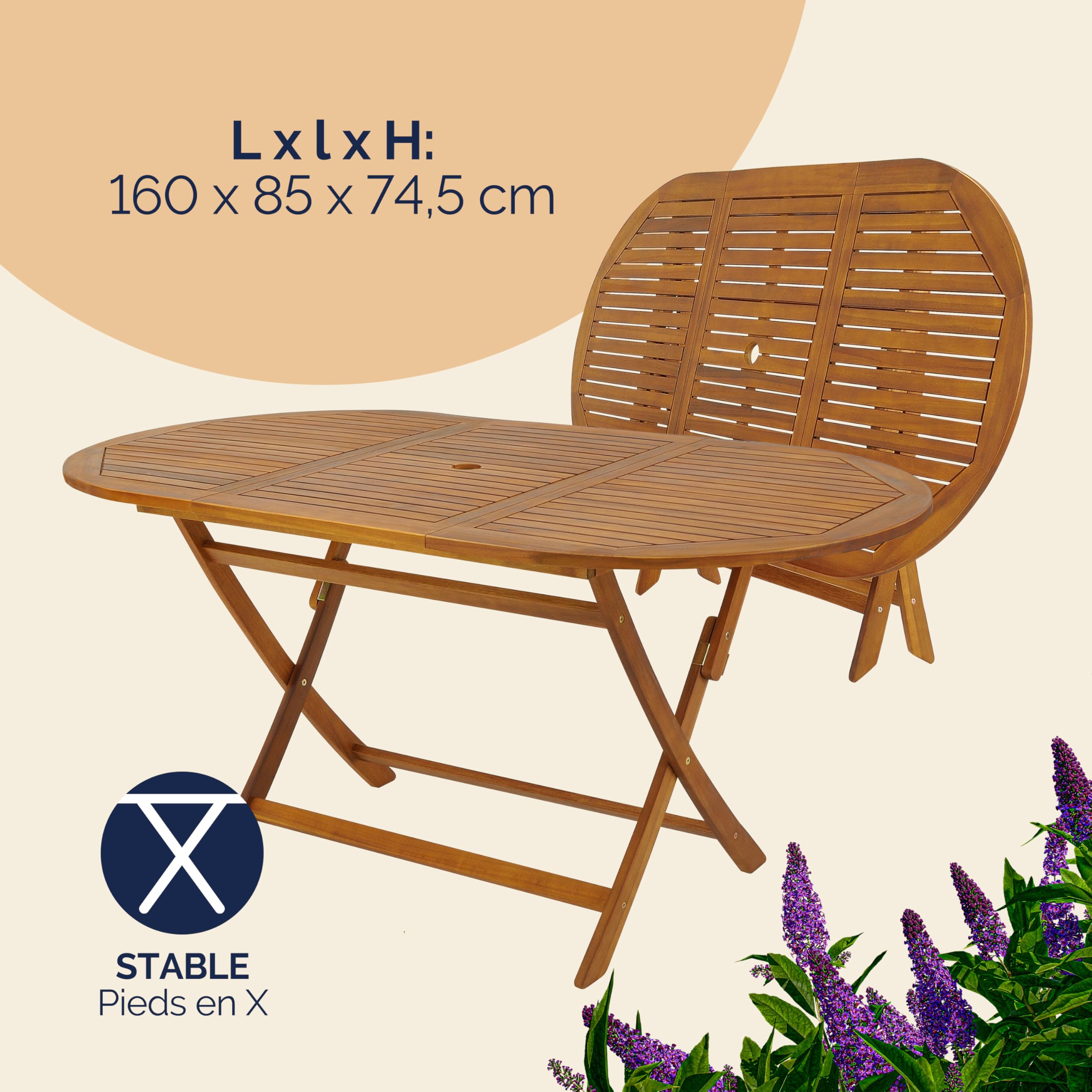 Casaria® Table De Jardin Exterieur avec Chaise 6 Personnes - Table Ovale Extensible en Bois D'Acacia, Résistant Aux Intempéries avec Trou pour Parasol Intérieur/Extérieur