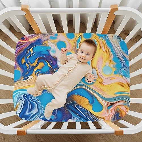 Miniatura 7 de Kigai Sábana bajera ajustable para cuna para niños y niñas, sábana de punto de jersey de mármol azul dorado para colchones estándar de cuna y cama