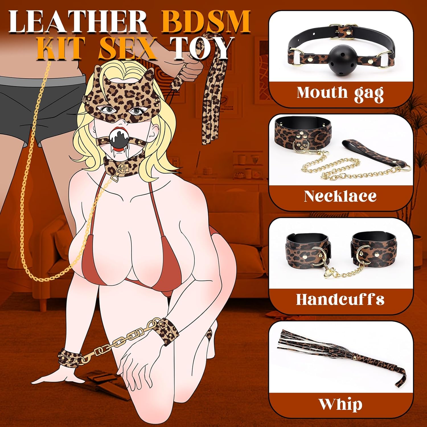 Bondage for Sex 7 Pcs BDSM – Leather Bondage Restraints Kits with Adjustable Handcuffs,Shackles,Mouth Gag,Sex Whip,Blindfold & Paddle,Adult Games Sex Toys for Men Women and Couples Foreplay