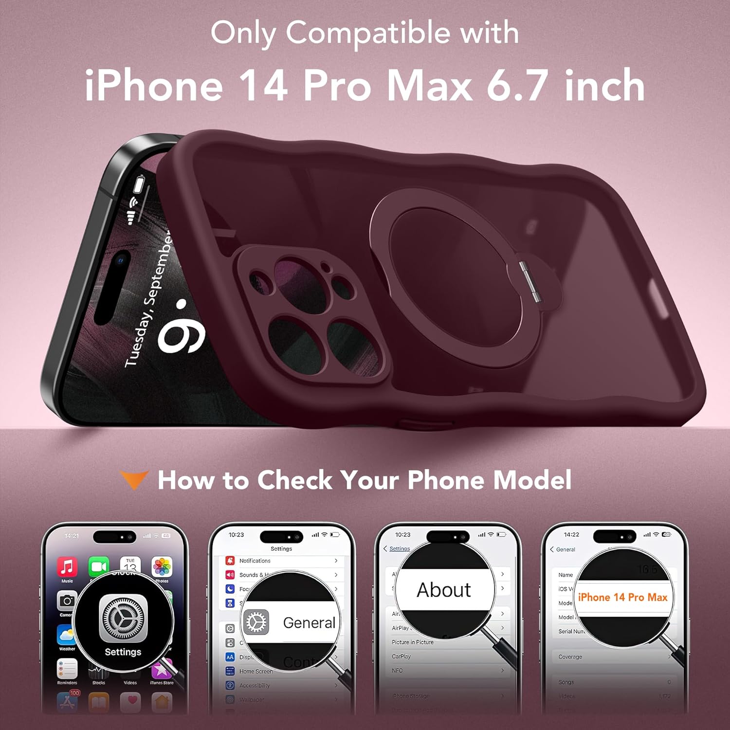 for iPhone 14 Pro Max Case for Women,[Compatible with Magsafe][360° Spin Magnetic Stand][Cute Wave Edge][Military-Grade Protection]Translucent Matte Phone Case for iPhone 14 ProMax, Burgundy