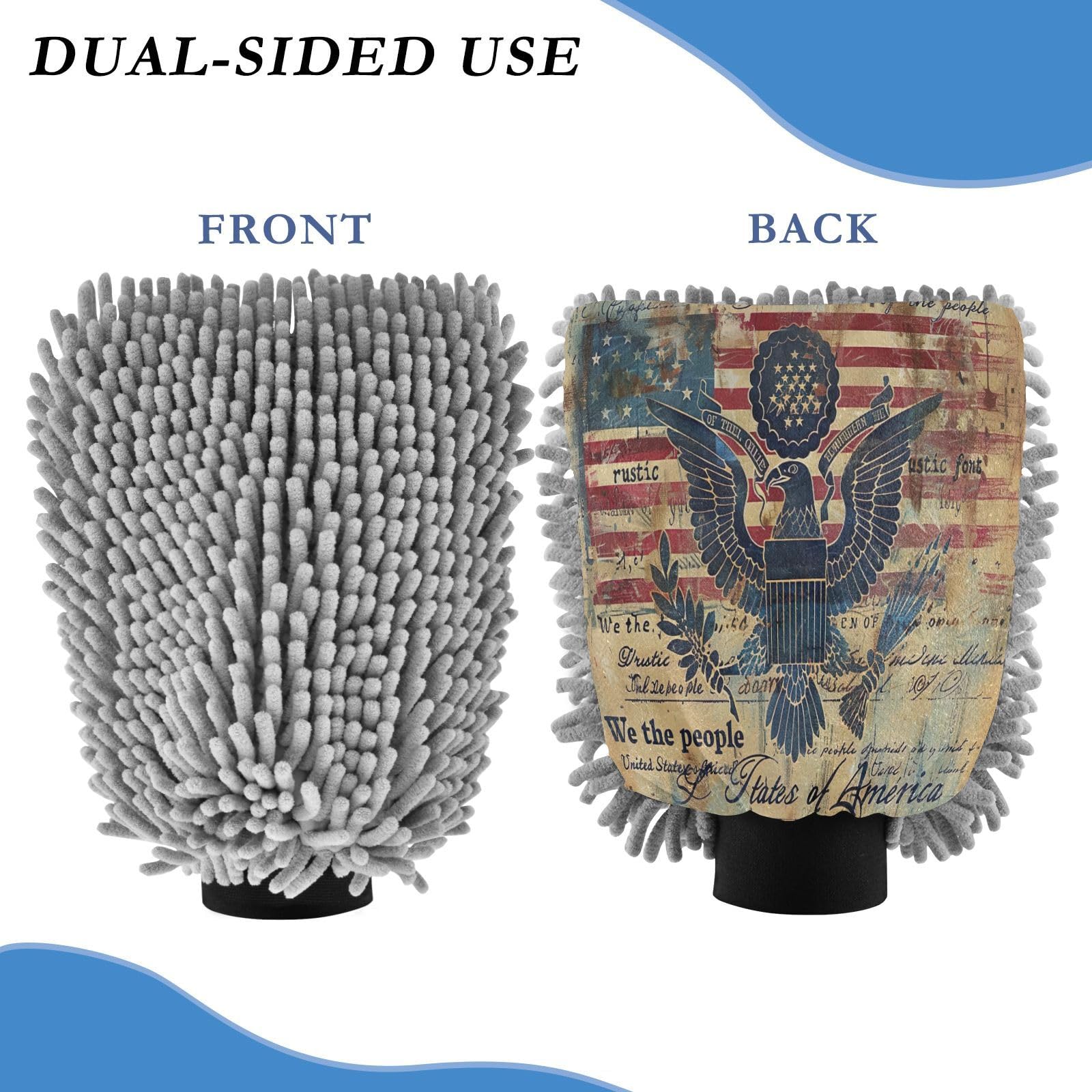 Kigai Retro American Flag and Eagle Car Wash Mitt Microfiber, 2Pcs Scratch Free Lint-Free, Premium Chenille Microfiber Mitt Car Wash Brush-L