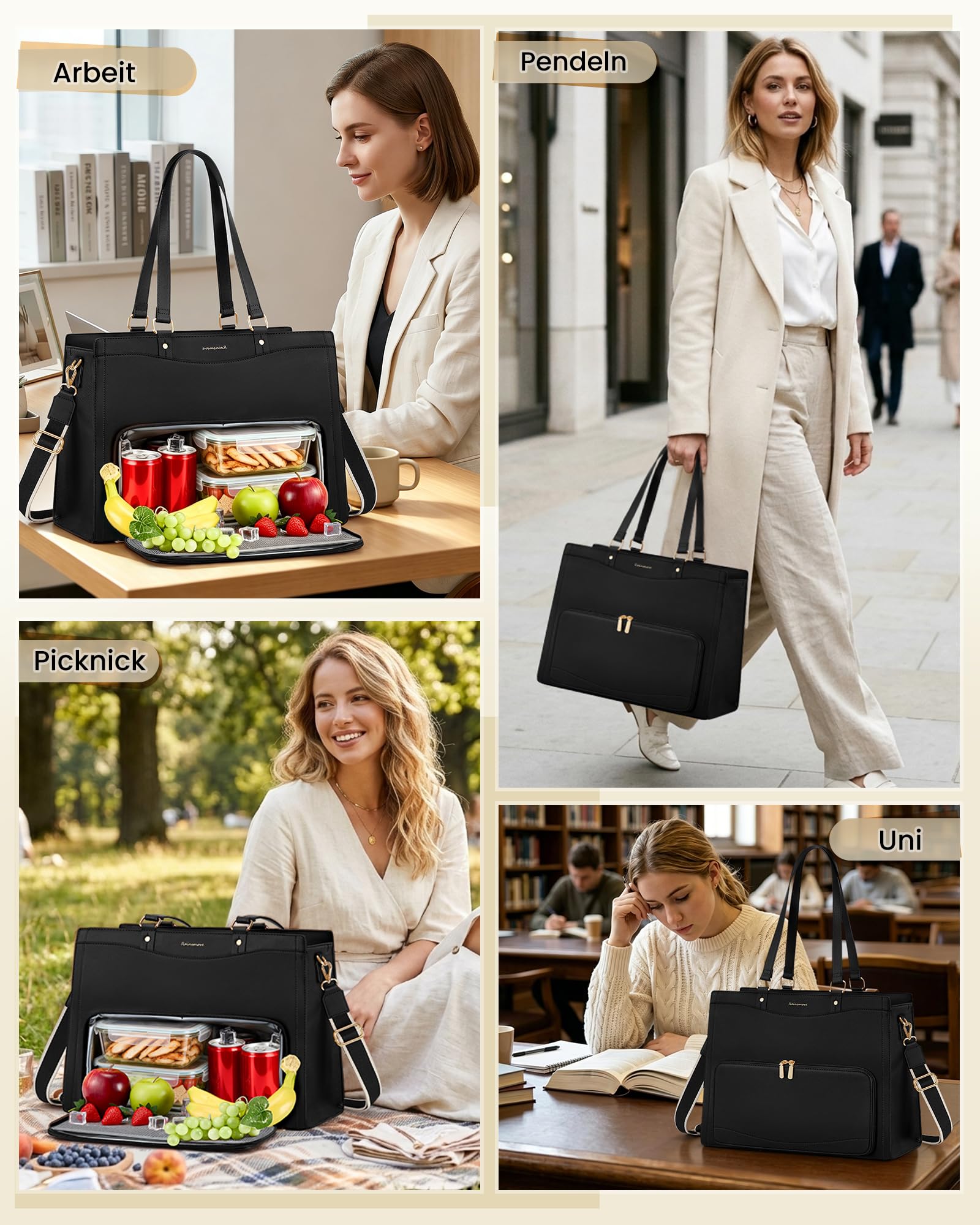 RAINSMORE Lehrertasche Damen mit Kühlfach 15,6 Zoll Laptoptasche Arbeitstasche Damen Groß PU Leder Business Handtasche mit Lunchfach Wasserdicht für Büro Uni Schule Schwarz