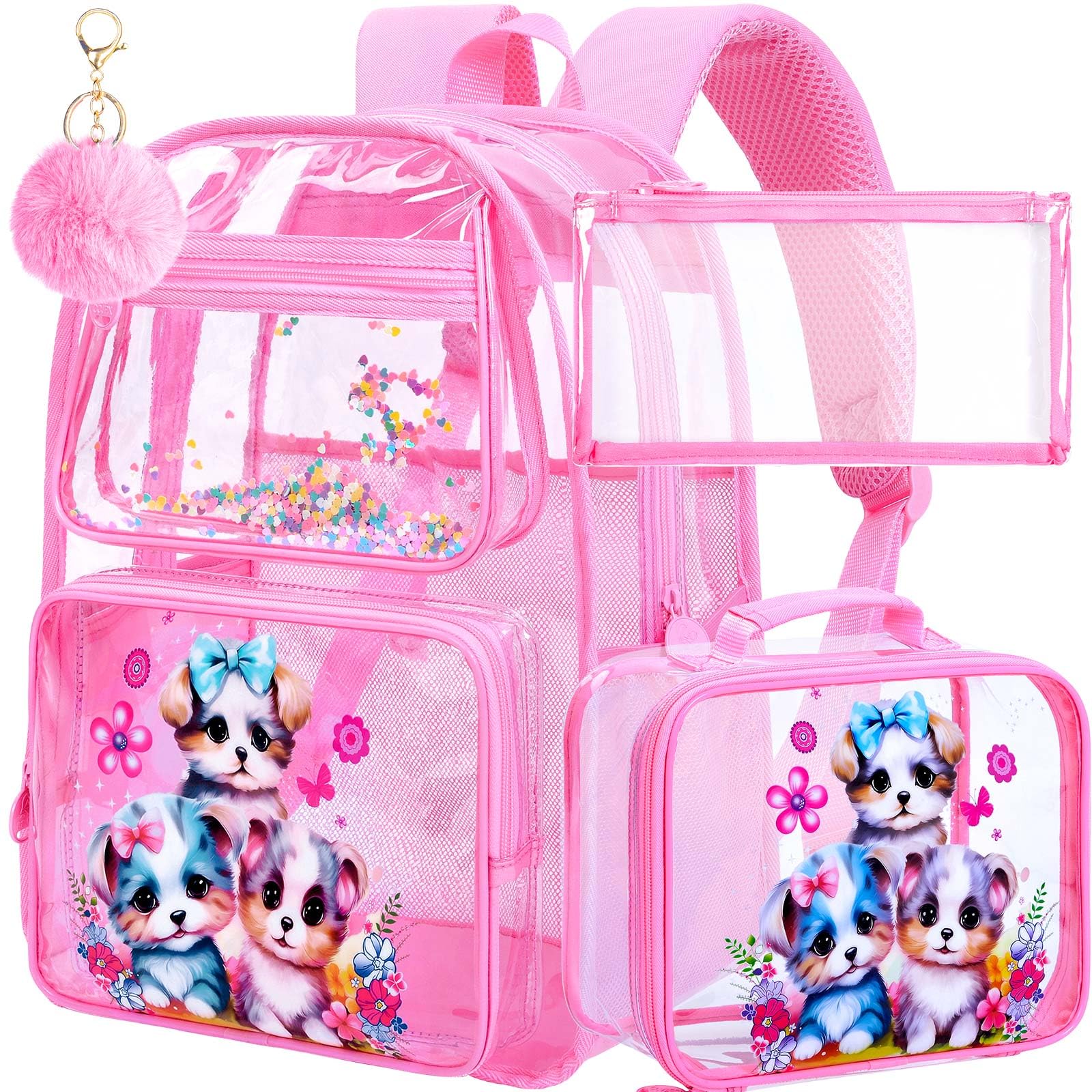 AGSDON 3PCS Clear Backpack for Girls, See Through Backpacks for Kids with Lunch Box, Heavy Duty Transparent Bookbag - Dog
