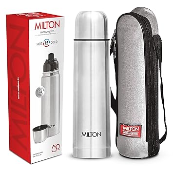 Milton Flip Lid 500 Thermosteel Water Bottle 500 ml, 24 Hr Hot and Cold I Leak Proof Lid with Jacket, ISI Certified I Vacuum Insulated I for Office, Gym, School I Silver - image, photos