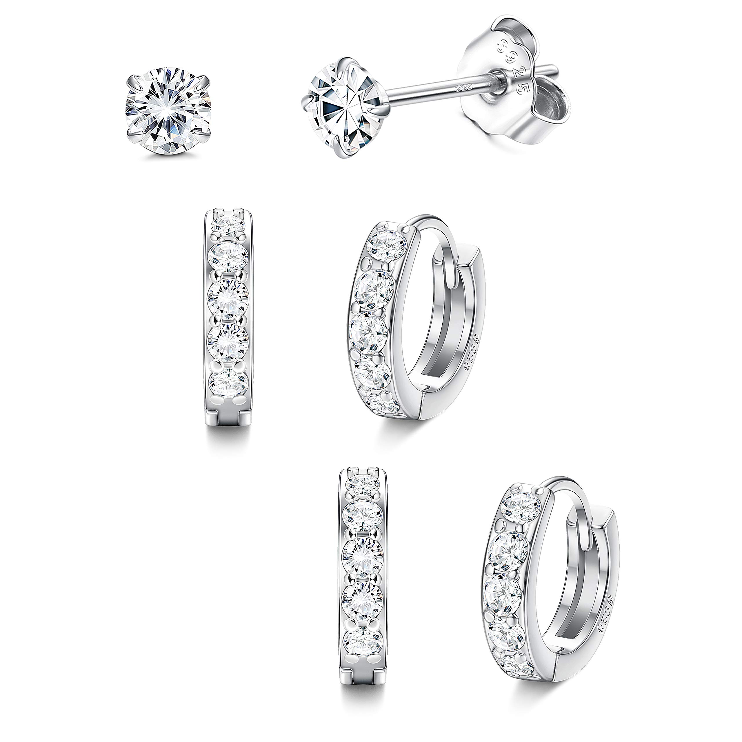 CASSIECA 3 Pares Pendiente Mujeres Plata de Ley 925 Pendiente de Aro Fino para Mujeres Niñas Pendientes Zirconia Pendientes Cartilago Oreja Cuff Pendientes Piercing