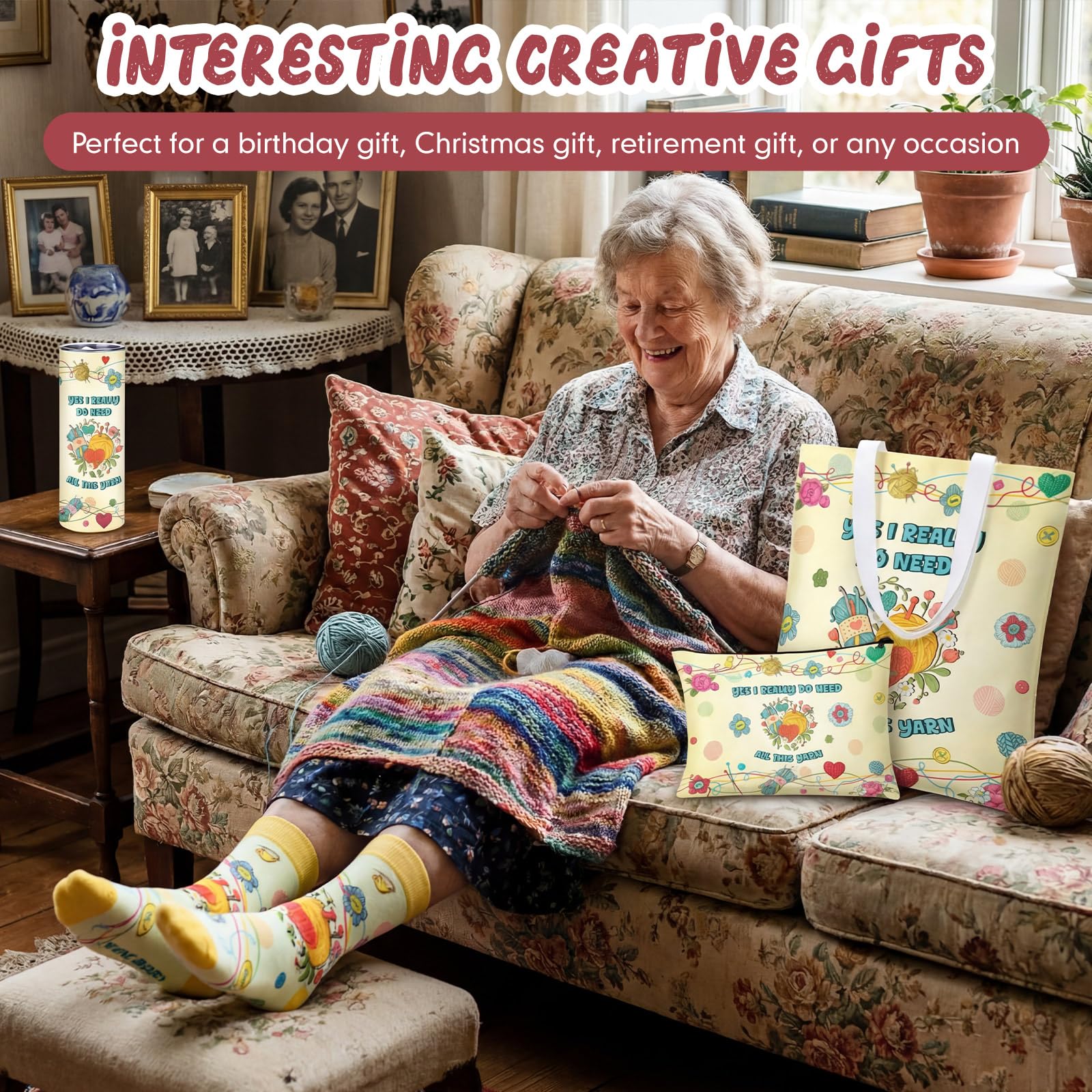 Funny Yarn Lover Gift Set 4 Pieces - Yes I Really Do Need All This Yarn Knitting Crochet Gifts for Women Mother's Day, Tote Bag Socks 20oz Tumbler Makeup Pouch for Crocheters Grandma Teacher