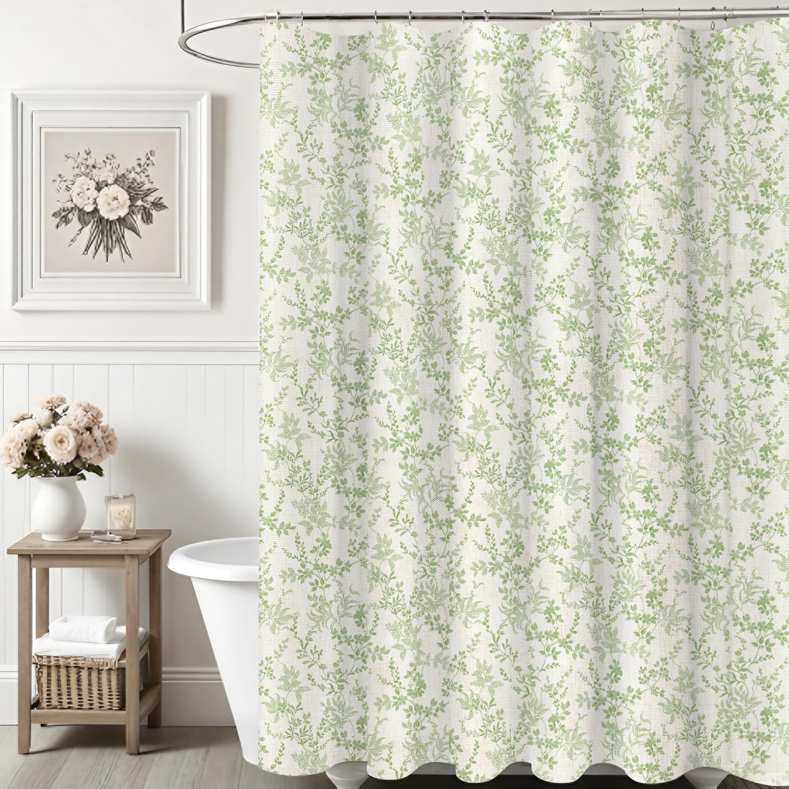 Ksriylm Farmhouse Elegance Floral Shower Curtain for Bathroom Decor,Linen Cotton Bathroom Curtains with12 Hook,Cloth Flower Leaves Waterproof Bathtub Curtain with 72" W x 72" L,Green