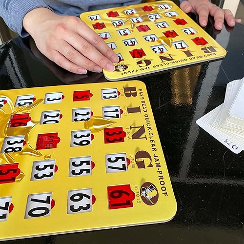 Miniatura 38 de MR CHIPS Tarjetas de bingo a prueba de atascos con ventanas deslizantes, 25 tarjetas de obturador de bingo reutilizables, 75 tarjetas de llamadas