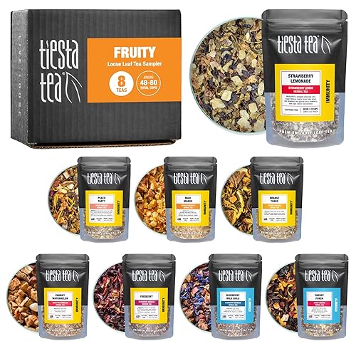 Tiesta Tea - Fruity Tea Sampler Dry Flight Set, Loose Leaf, No Caffeine, Makes Hot and Iced, Assorted Fruit Brews with Mango, Peach, Orange Drinks & More, 8 Resealable Sample Pouches - Fruity Tea Sampler Set