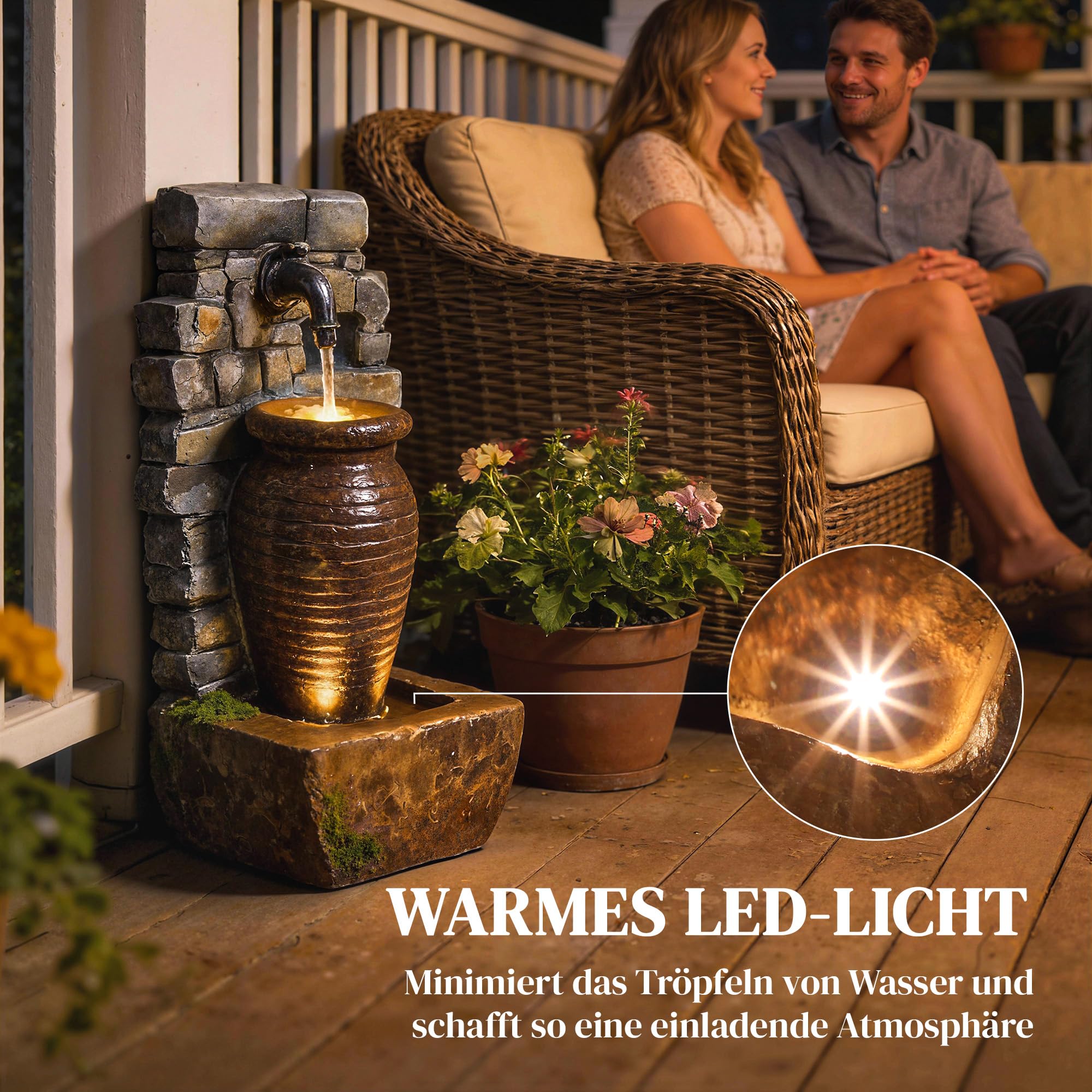 Outsunny Springbrunnen 3-stufig Gartenbrunnen mit LED Beleuchtung verstellbare Pumpe Steinwand Krugdesign, Zimmerbrunnen Wasserspiel Zierbrunnen Terrassenbrunnen für Garten Rasen 26 x 20,5 x 57 cm