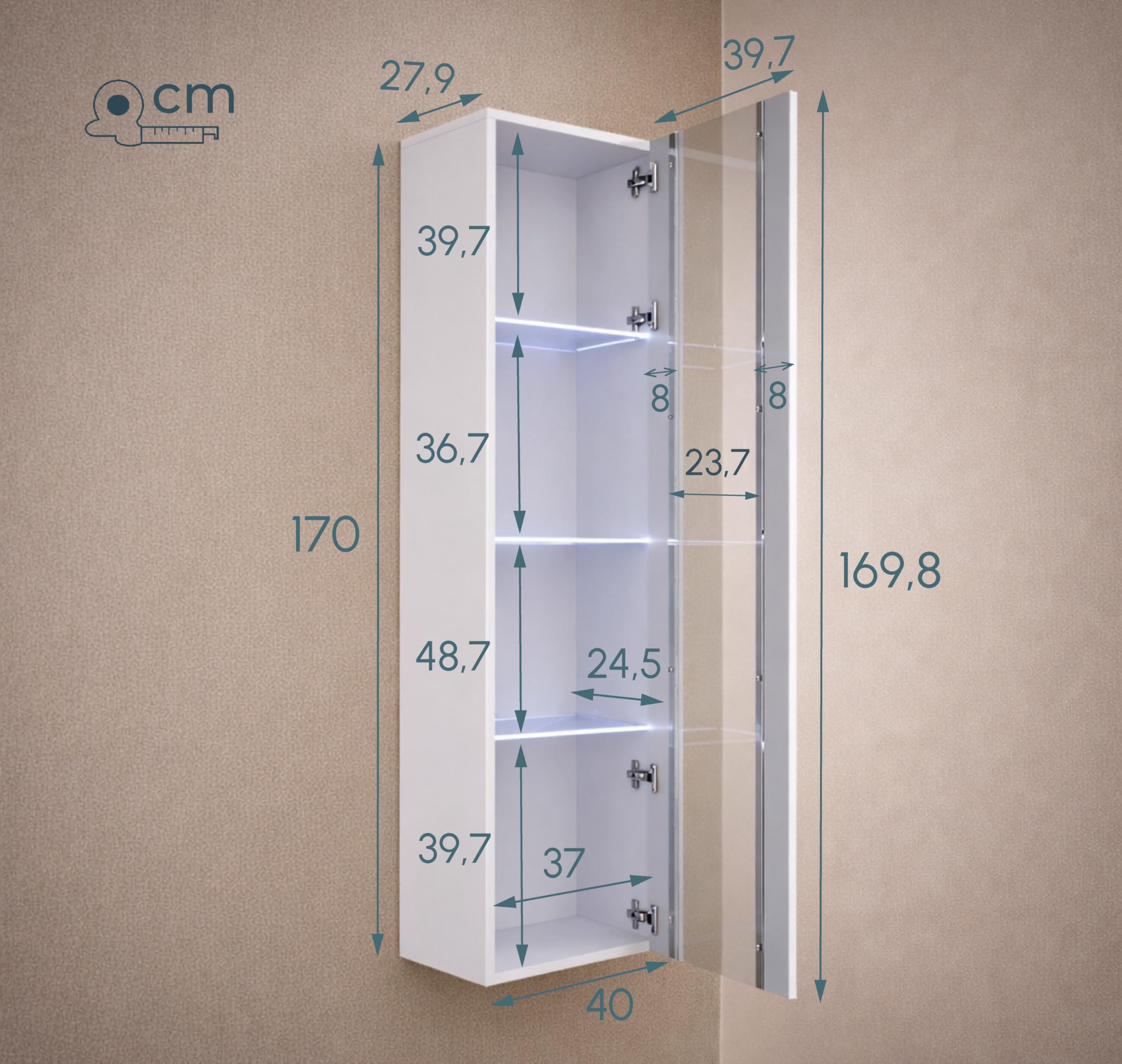 Mueble de Salón Moderno Suspendido Modelo Nora | Conjunto de Comedor con Vitrina LED, Mueble TV Bajo y Estantes | Acabado Frontal Blanco Brillo y Sistema Push-Click | 300cm aprox. de Longitud
